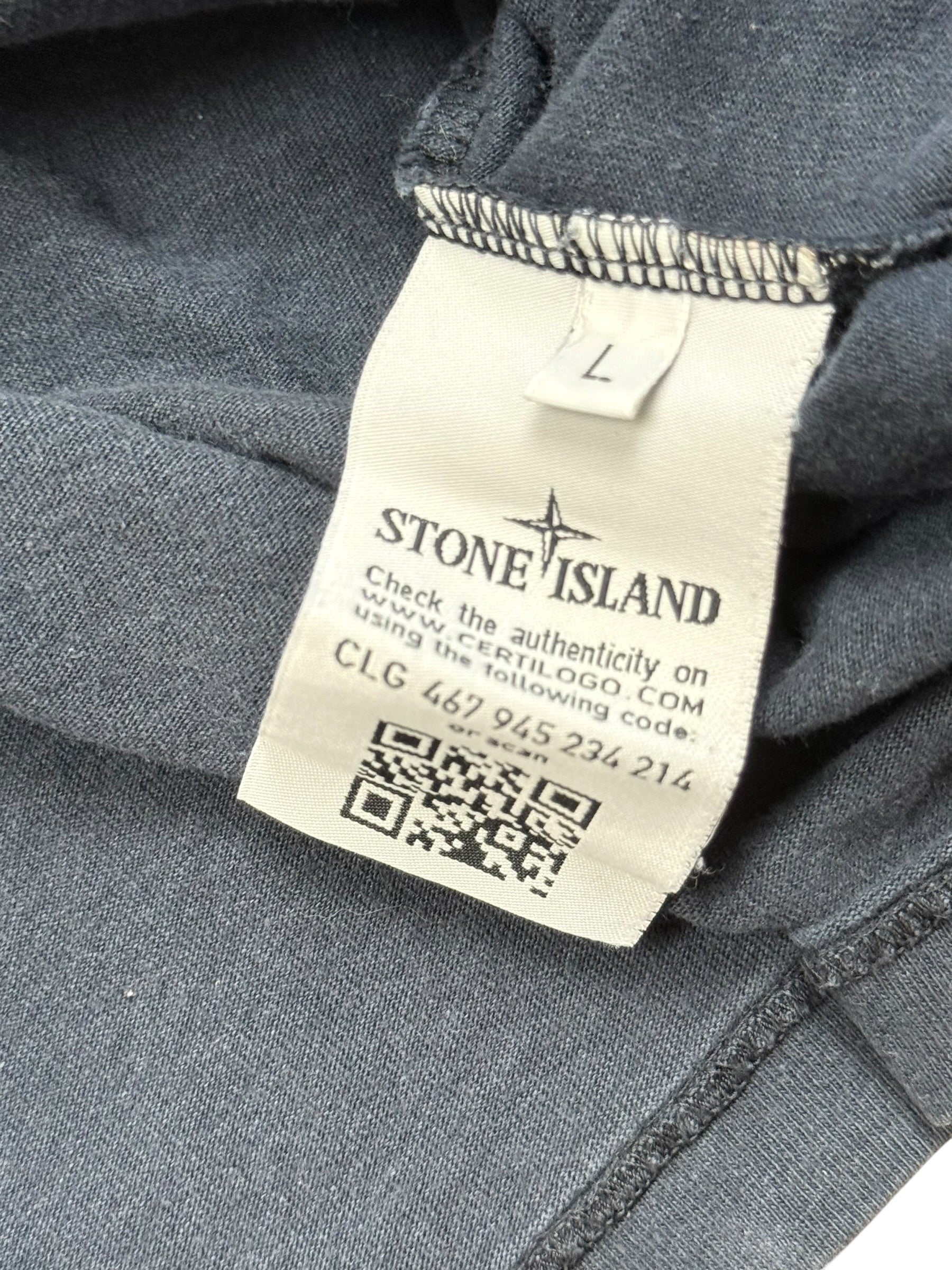 Archive No. 9 Stone Island navy blue long sleeve cotton t-shirt with compass badge on arm, size L.