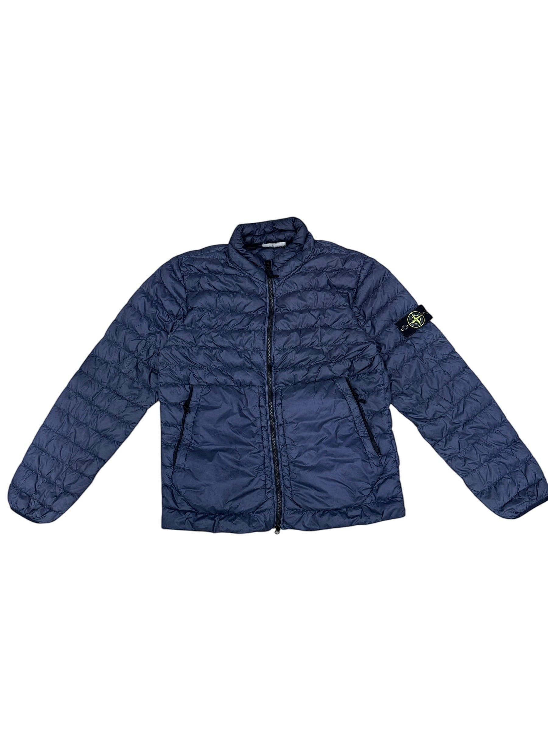 Archive No. 9 navy blue Stone Island puffer jacket, size XL, down-filled, wind and water-resistant with signature compass badge.