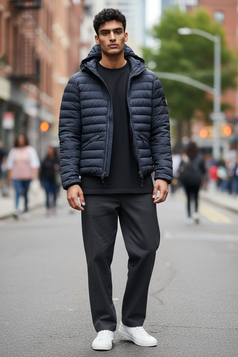 Archive No.9 navy blue Stone Island down-filled puffer jacket with zip pockets and hood, size S.