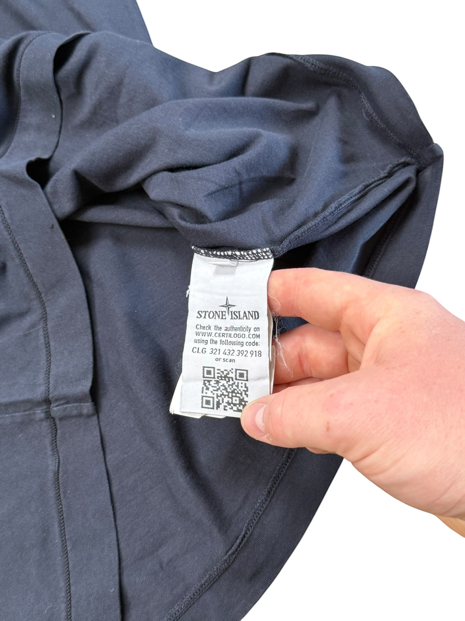 Archive No.9 Stone Island navy cotton t-shirt interior label with Certilogo QR code for authenticity verification