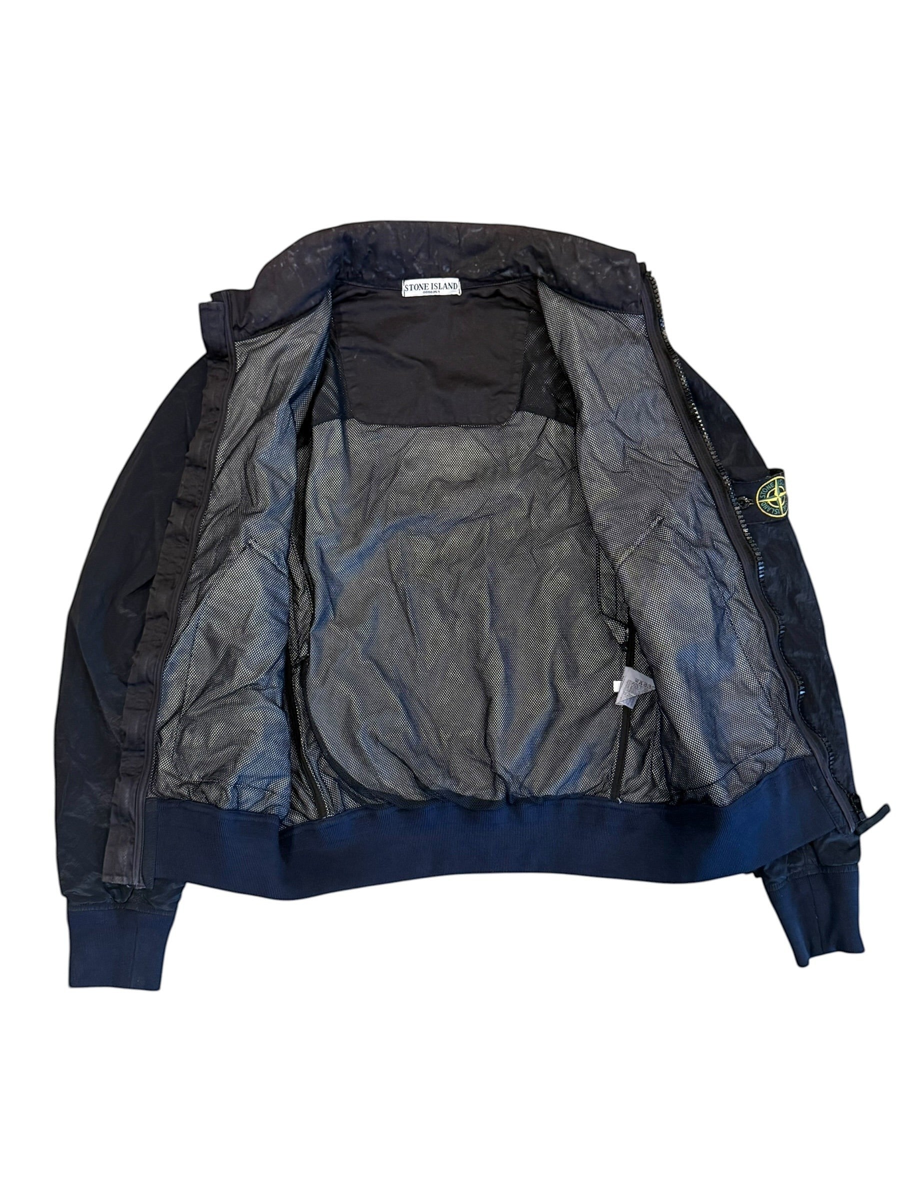 Archive No. 9 vintage navy Stone Island Nylon Metal bomber jacket, size S. Water and wind resistant.