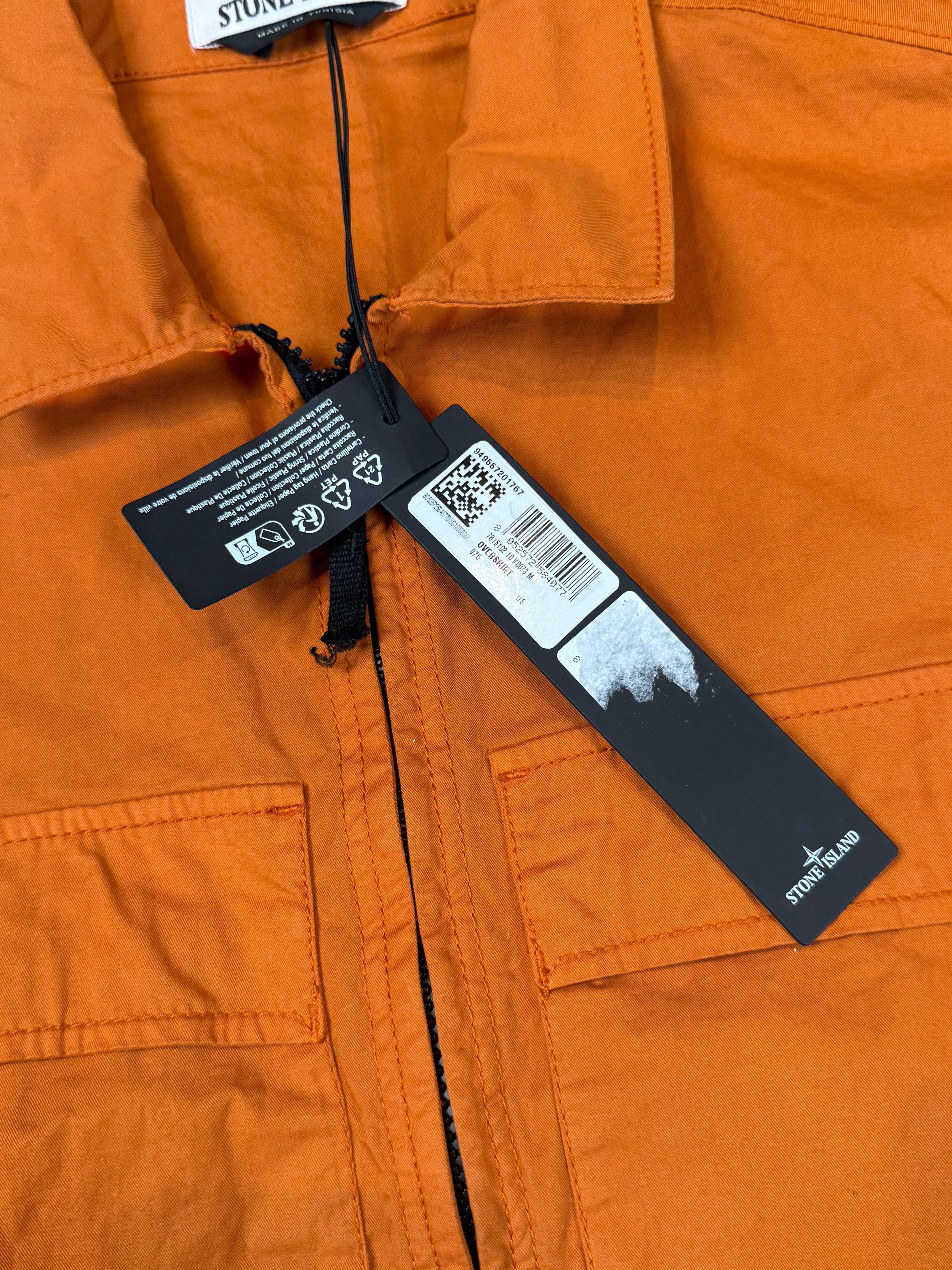 Archive No. 9 Stone Island orange cotton overshirt, size M, with zip and chest pockets. Features iconic compass badge.