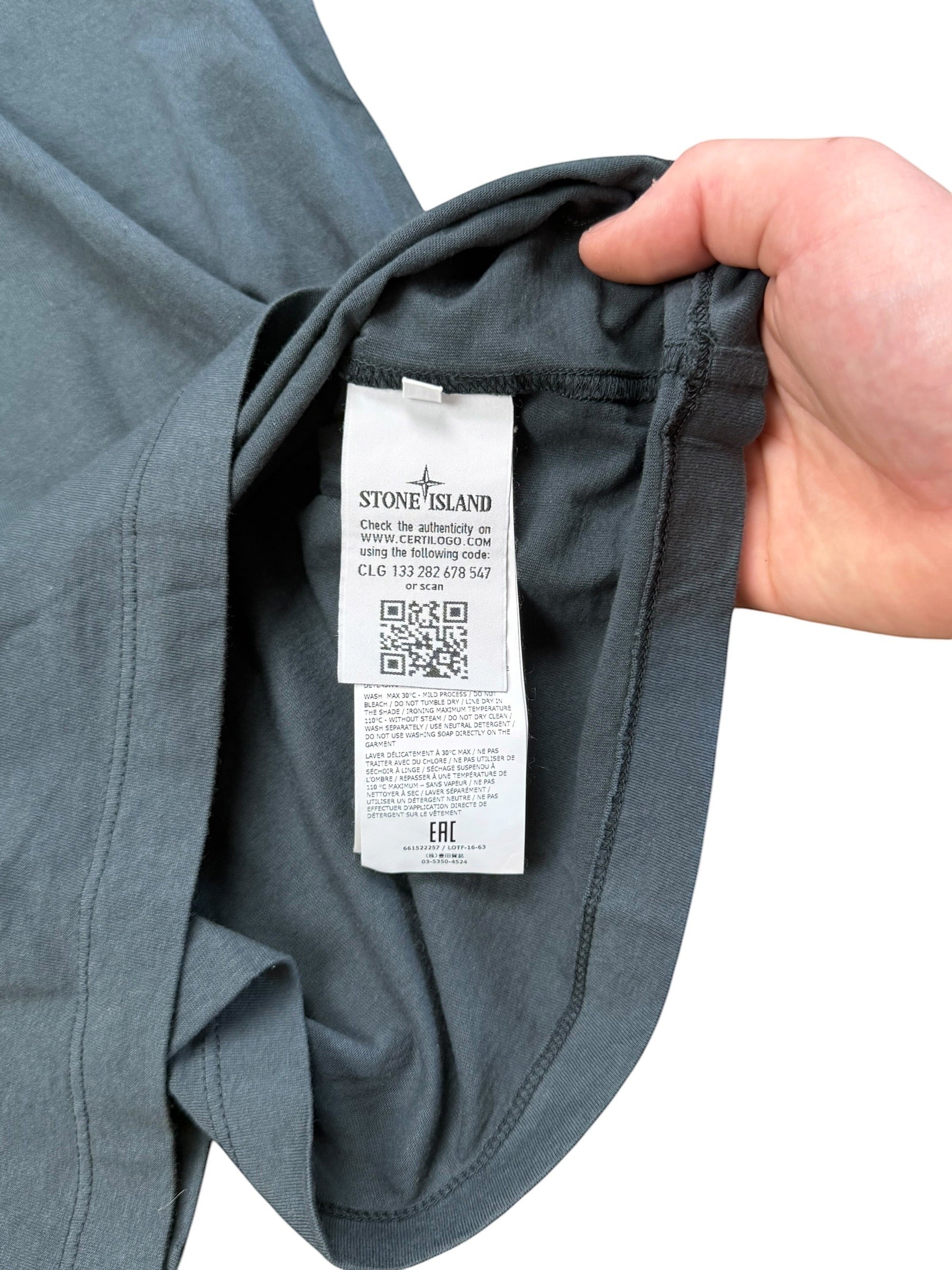 Archive No.9 Stone Island polo shirt dark grey cotton fabric with internal Certilogo authenticity tag and QR code