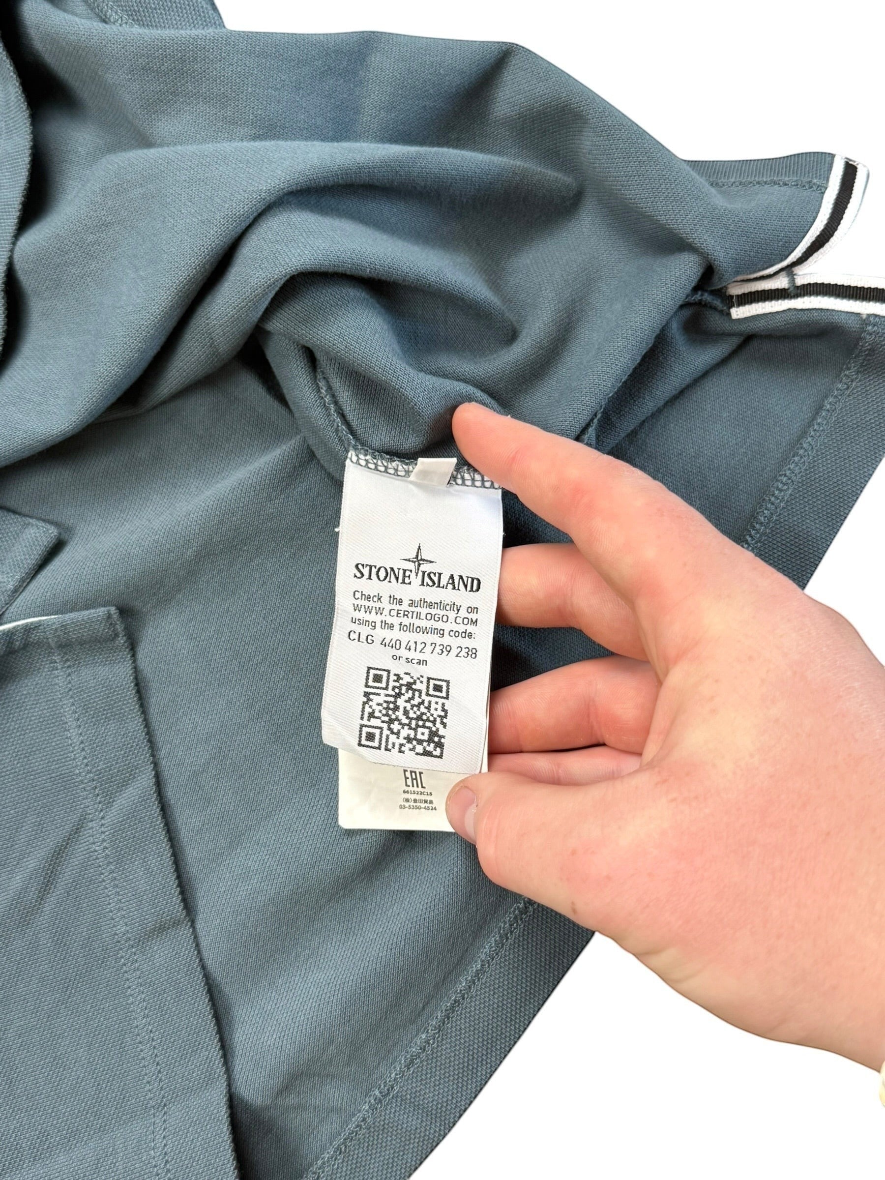 Archive No.9 Stone Island blue cotton polo shirt interior label with Certilogo QR code and authenticity details