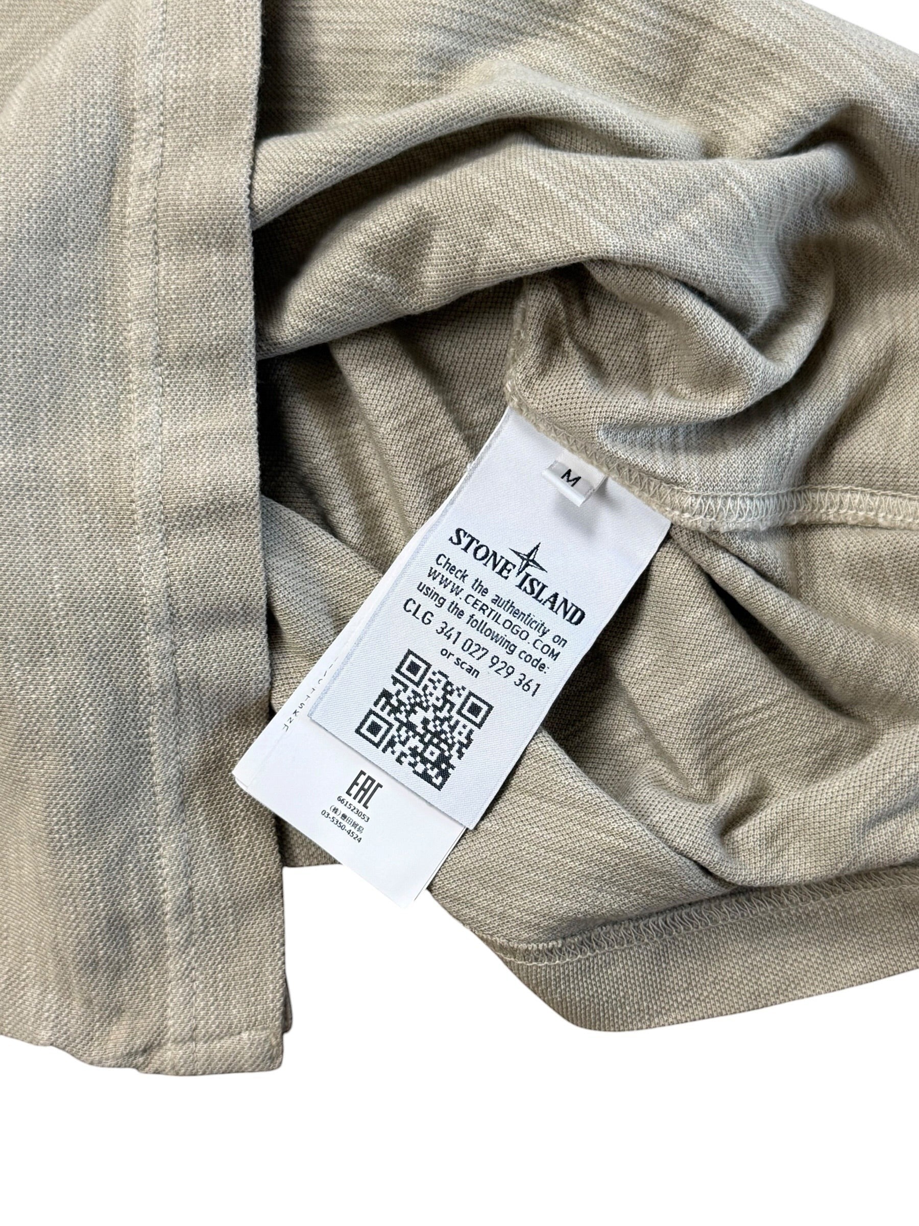 Archive No.9 Stone Island beige cotton polo shirt interior label with Certilogo QR code and size M tag