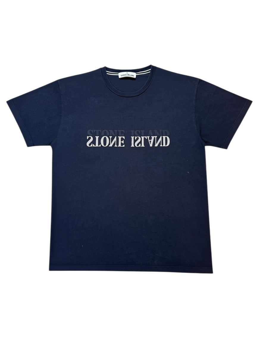 Archive No. 9 black 100% cotton Stone Island t-shirt with reflective spell out logo on the front. Size L.