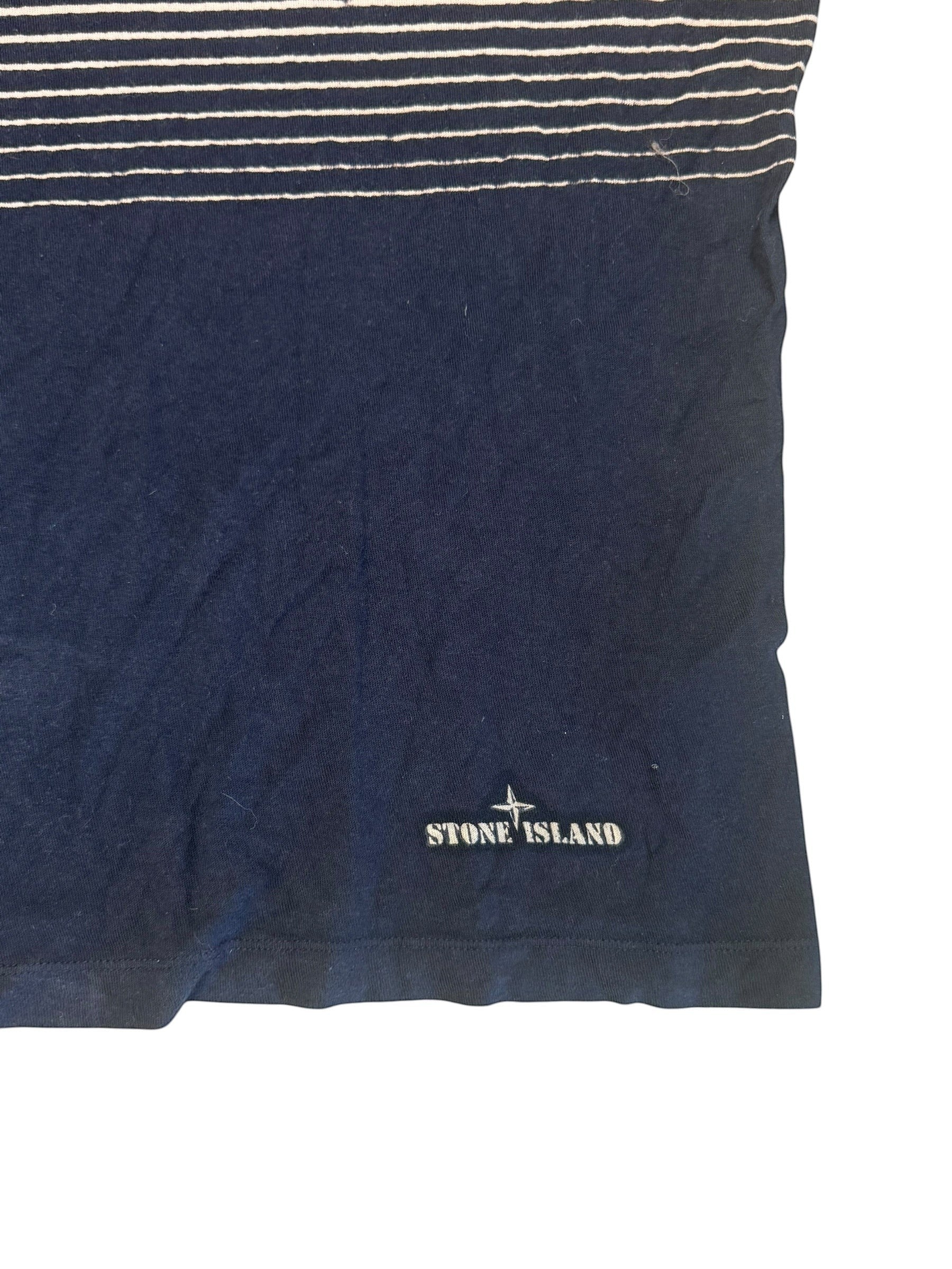 Archive No. 9 vintage Stone Island t-shirt in navy blue with white horizontal stripes and embroidered logo. 100% cotton.