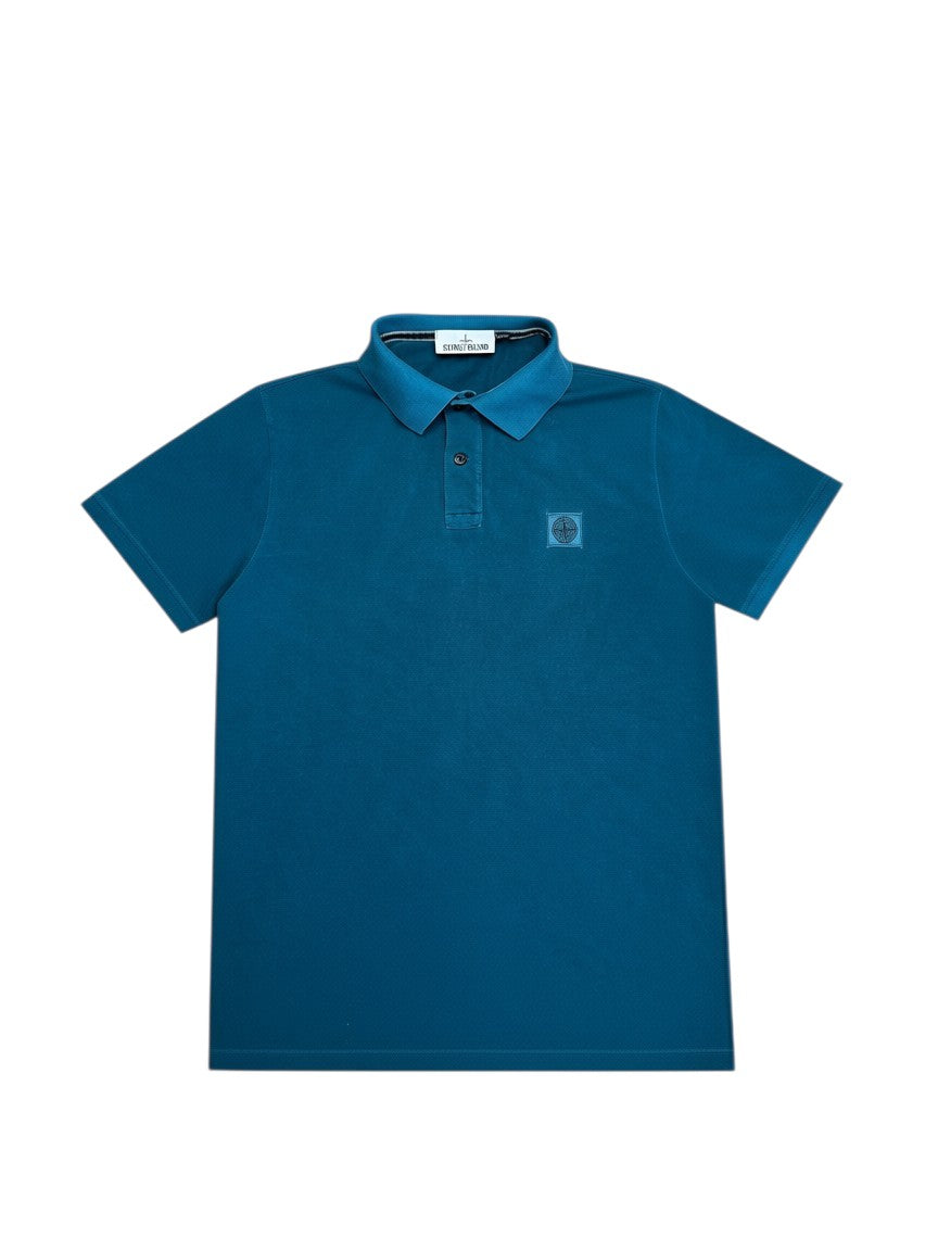 Archive No. 9 Stone Island slim fit turquoise cotton polo shirt with compass logo on chest, size M.