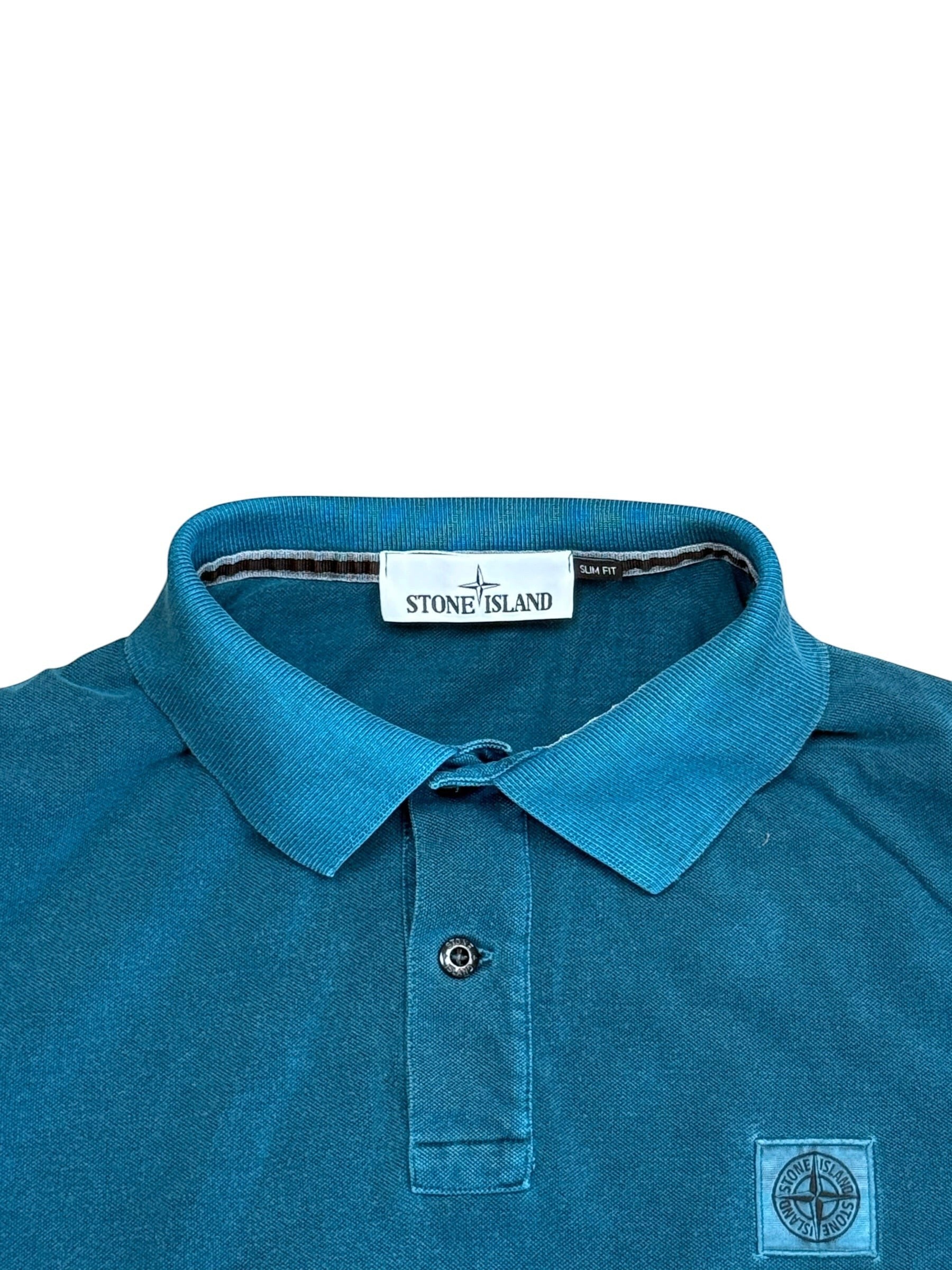 Archive No. 9 Stone Island slim fit turquoise cotton polo shirt with compass logo on chest.