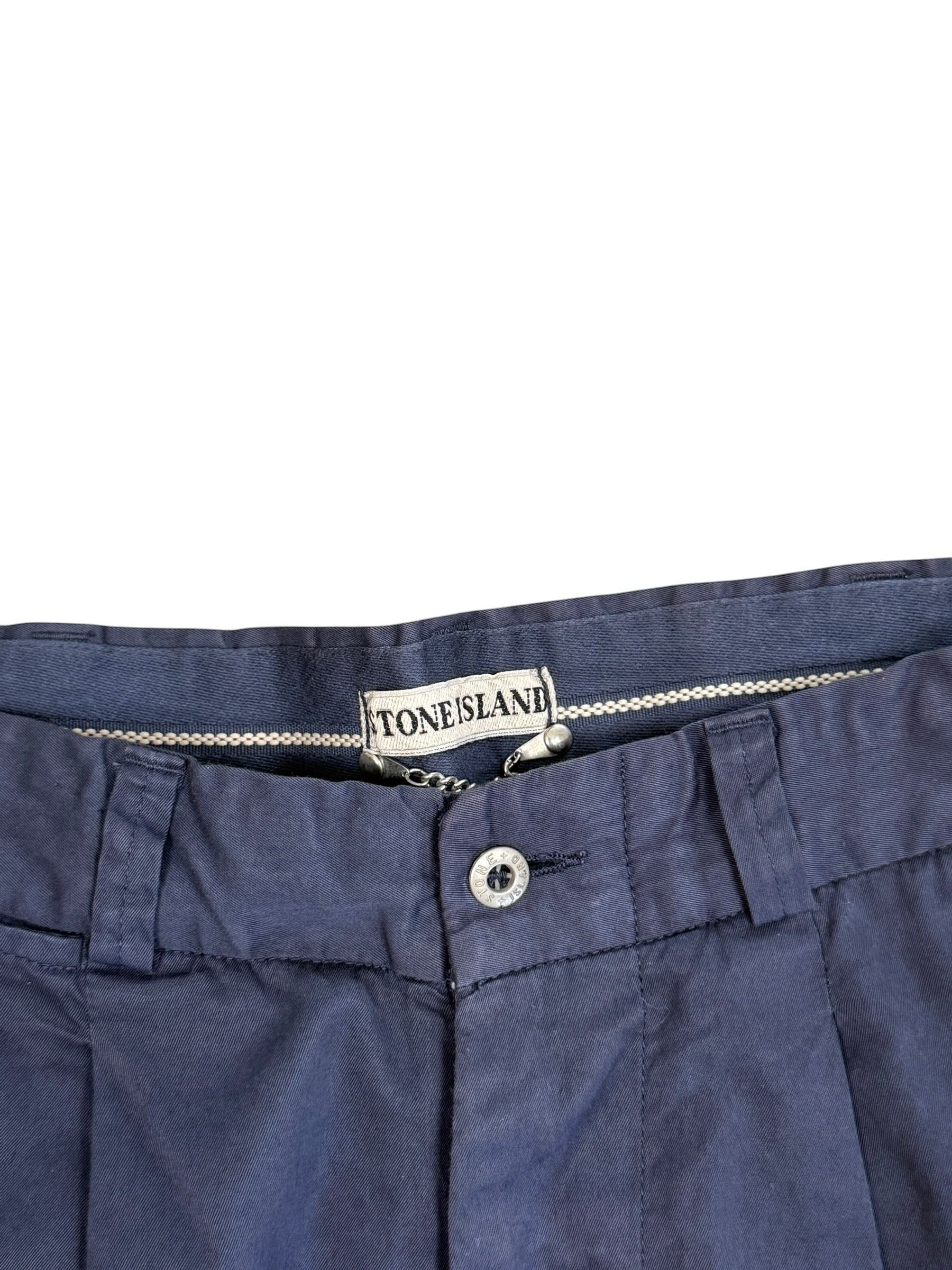 Archive No.9 Stone Island vintage 1995 navy blue cotton trousers, size W30, with button fly and classic straight leg fit.