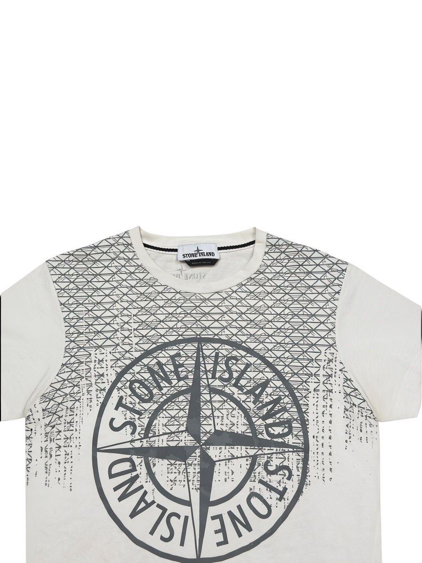 Archive No.9 white Stone Island cotton t-shirt featuring a large grey compass logo graphic print on the chest