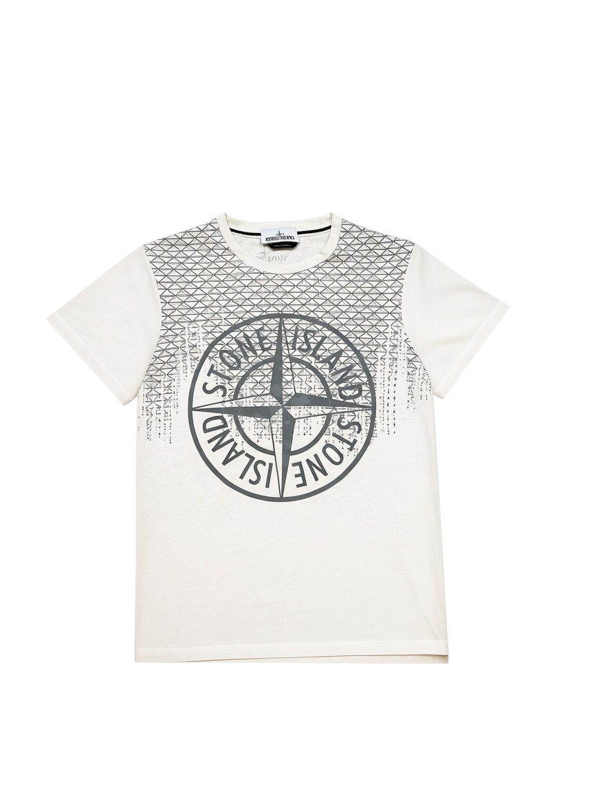 Archive No.9 Stone Island white cotton t-shirt featuring a grey compass logo print and geometric pattern detail.
