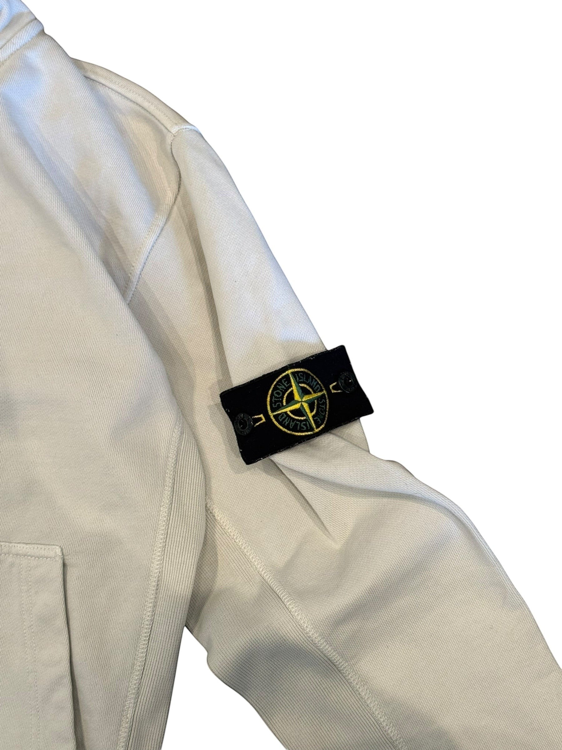 Archive No. 9 Stone Island white cotton jacket with button-up design and signature logo patch on sleeve. Size L.