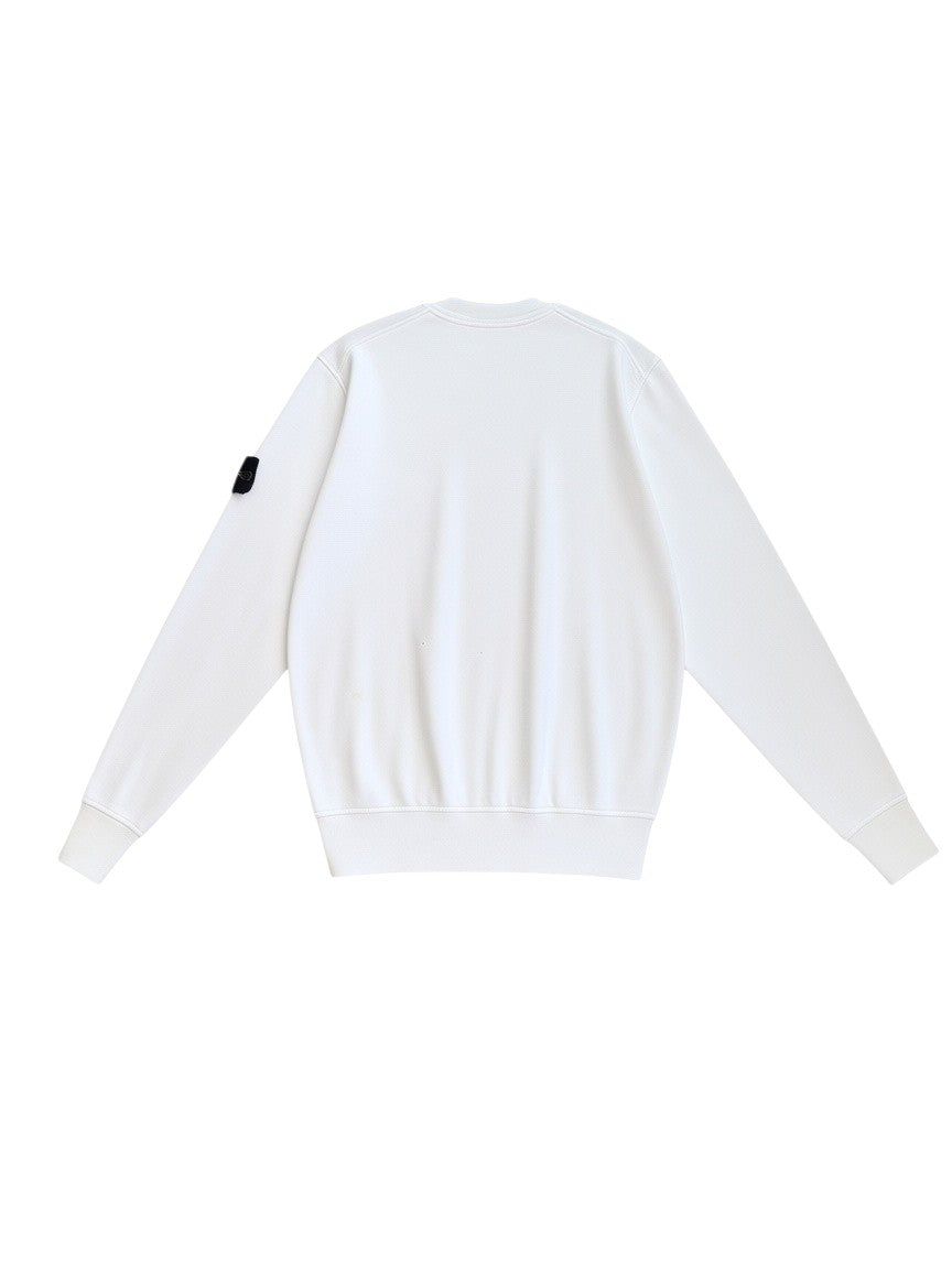 Archive No.9 Stone Island white cotton crewneck jumper with iconic compass arm badge, back view.