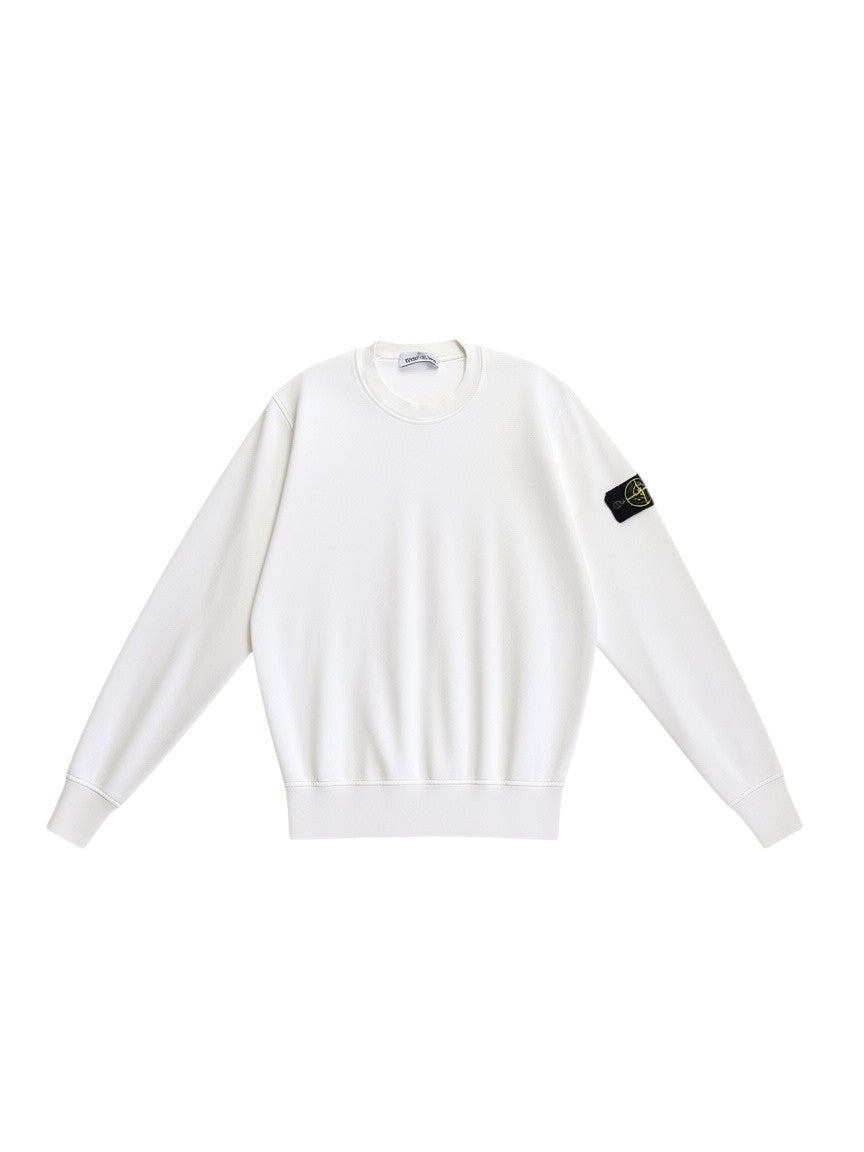 Archive No.9 Stone Island white cotton crewneck jumper featuring the iconic compass badge on the sleeve.