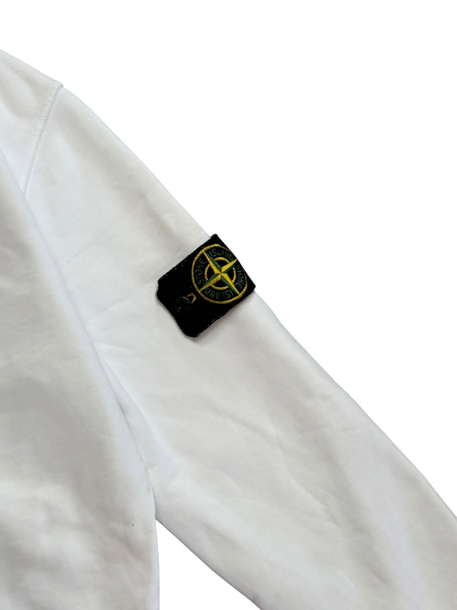 Archive No.9 white Stone Island cotton jumper sleeve featuring the iconic yellow and black compass badge