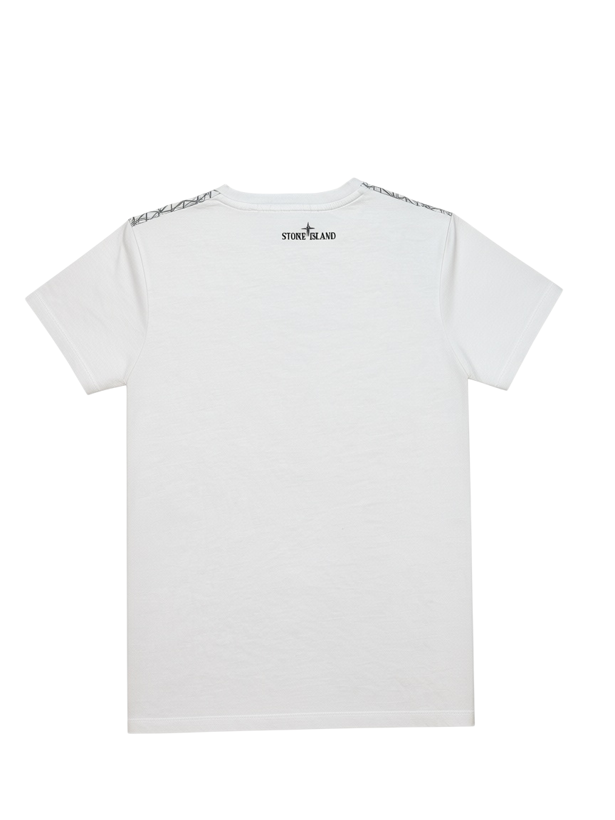 Archive No.9 Stone Island white cotton t-shirt featuring a back logo print and graphic shoulder detailing.