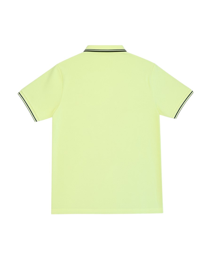 Back view of a yellow Stone Island slim fit cotton polo shirt with striped collar and sleeve cuffs.