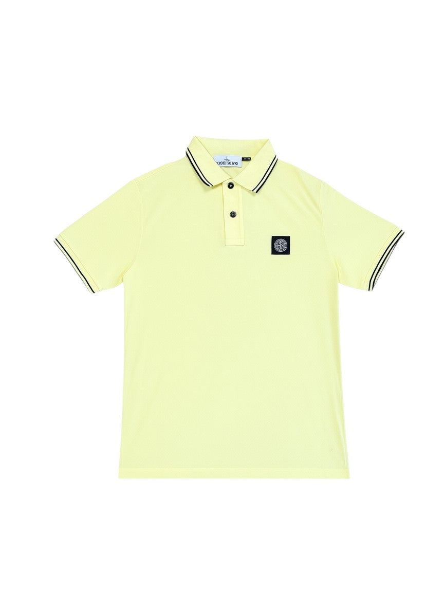 Archive No.9 Stone Island yellow slim fit cotton polo shirt with iconic compass logo patch on the chest.
