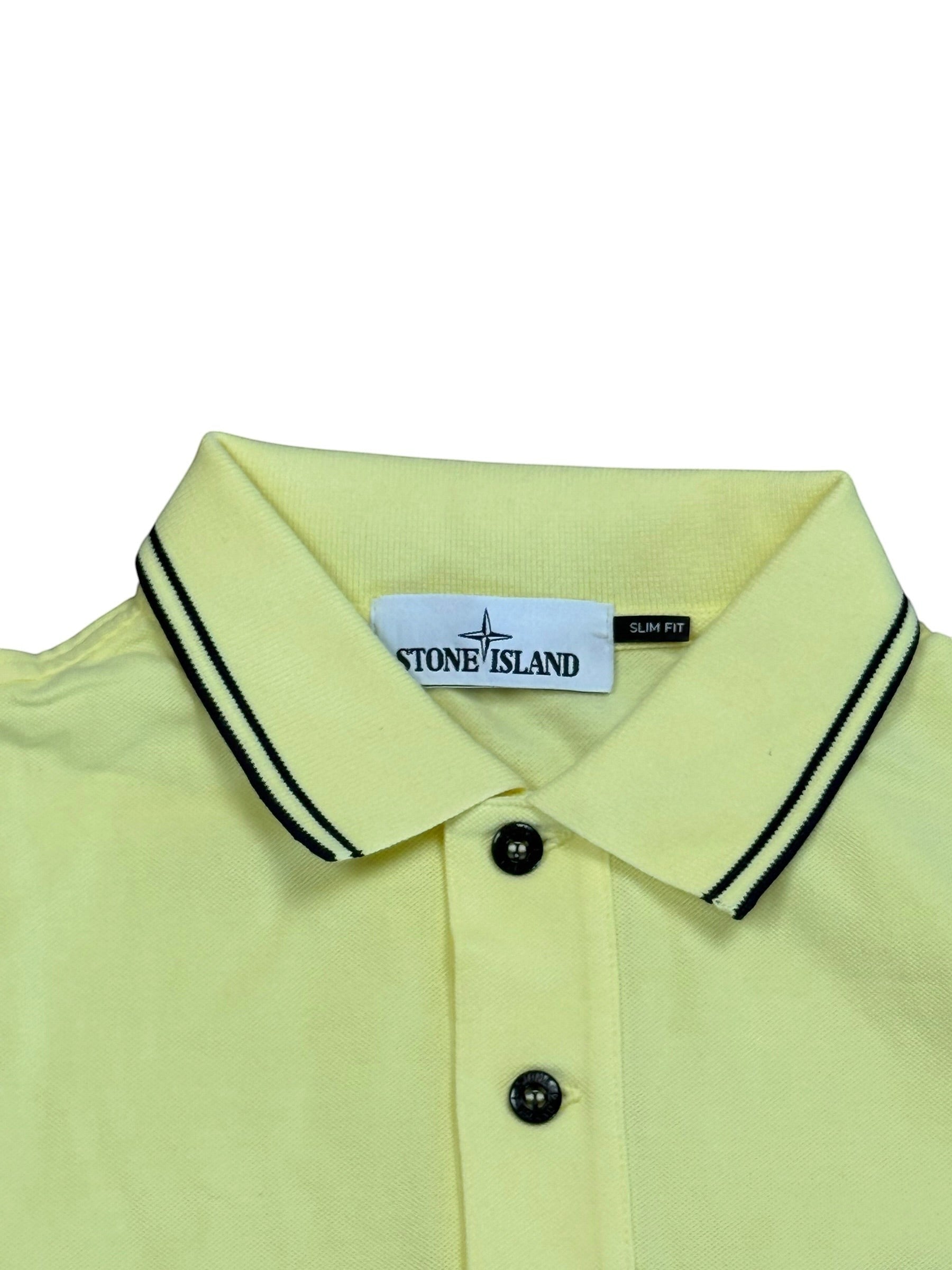 Archive No.9 Stone Island yellow slim fit cotton polo shirt with a black striped collar and compass logo tag.