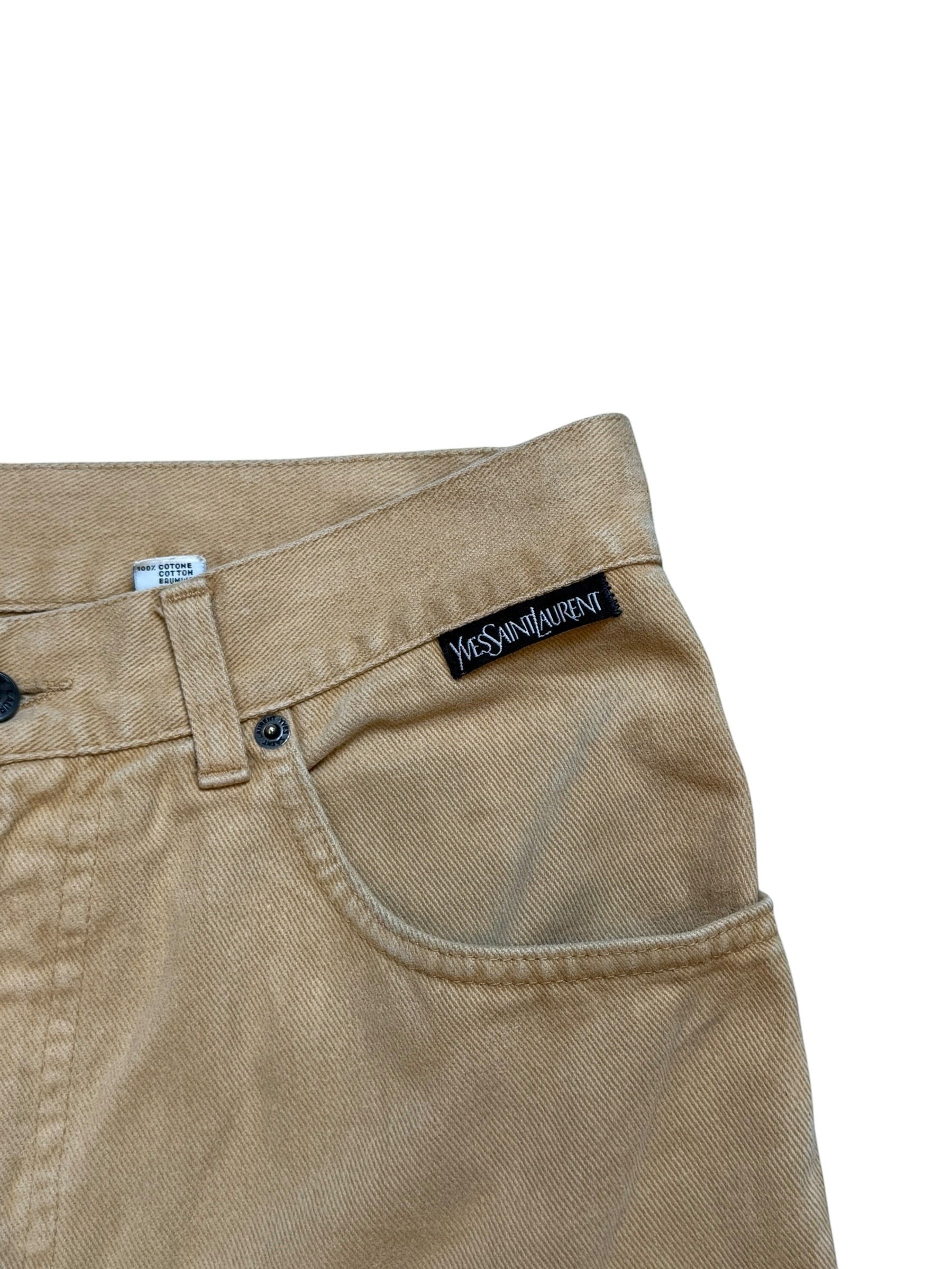 Archive No. 9 vintage tan 100% cotton Yves Saint Laurent trousers with leather patch detail. Size W36.