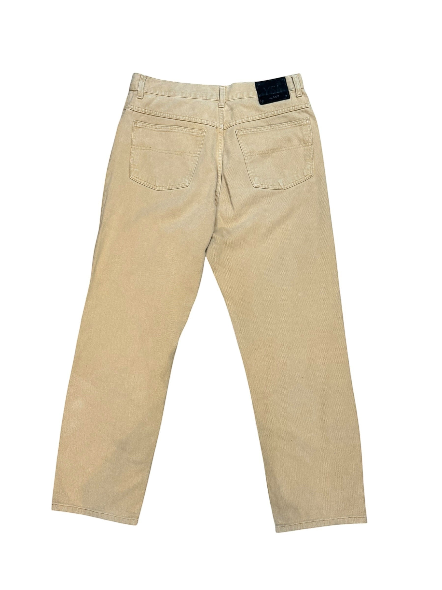 Archive No. 9 vintage tan 100% cotton Yves Saint Laurent trousers with leather patch, size W36.