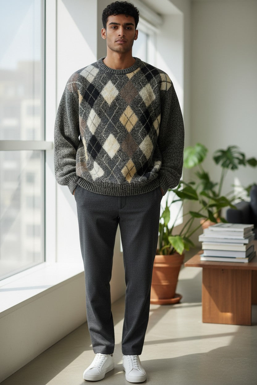 Archive No. 9 Valentino argyle Knit Jumper in grey, beige, and black. Size Large.