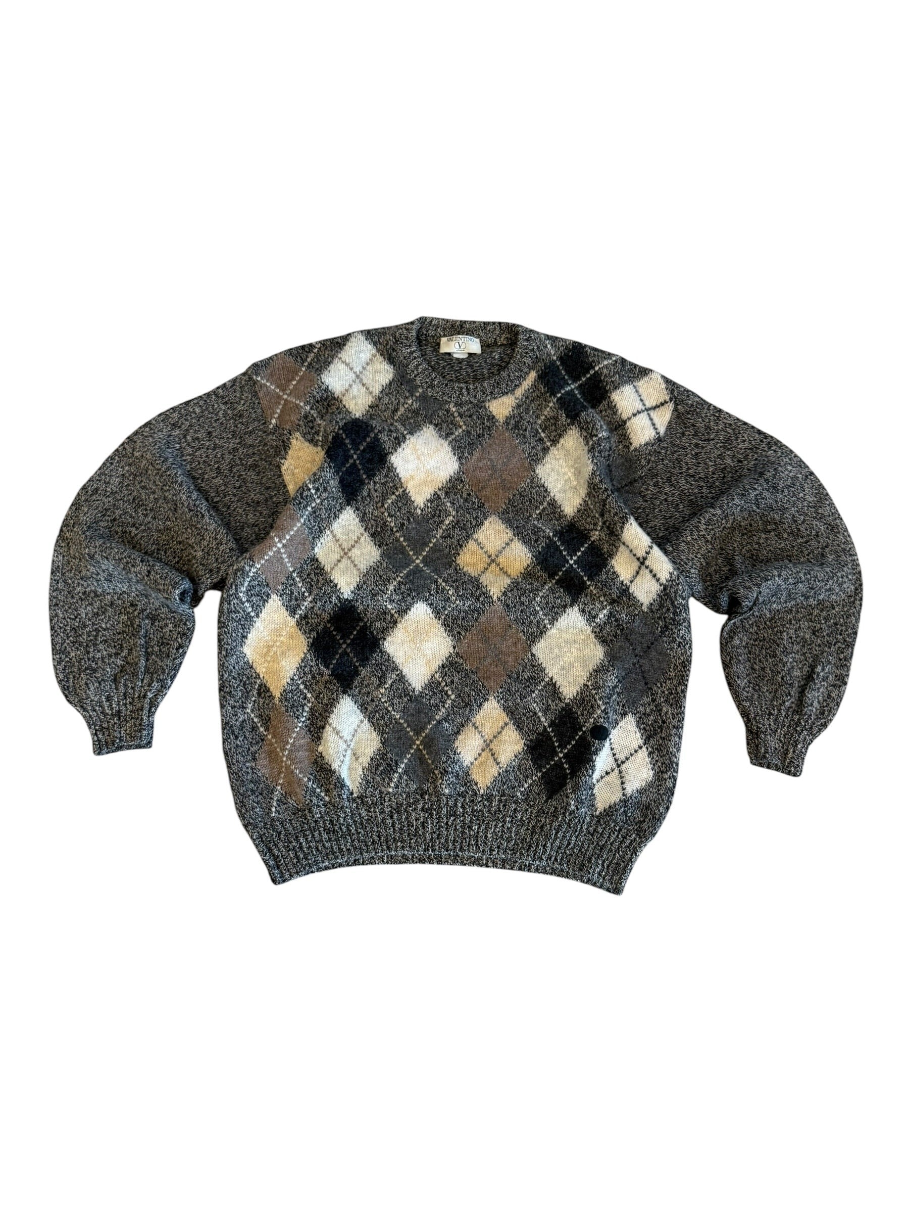 Archive No. 9 Valentino grey argyle Knit Jumper, size Large. Features a classic diamond pattern in cream, brown, and black.