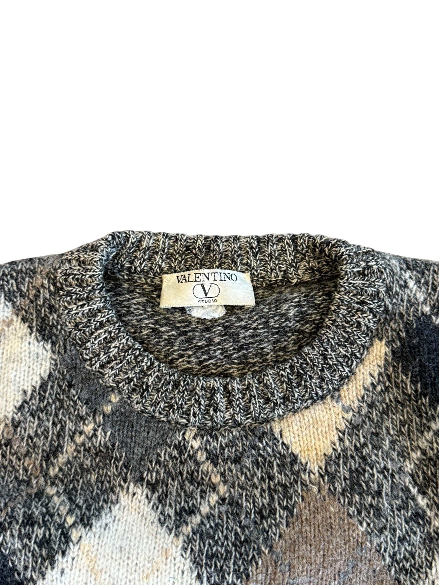 Archive No. 9 Valentino Studio Knit Jumper in chequered pattern, size Large. Features a crew neck and long sleeves.