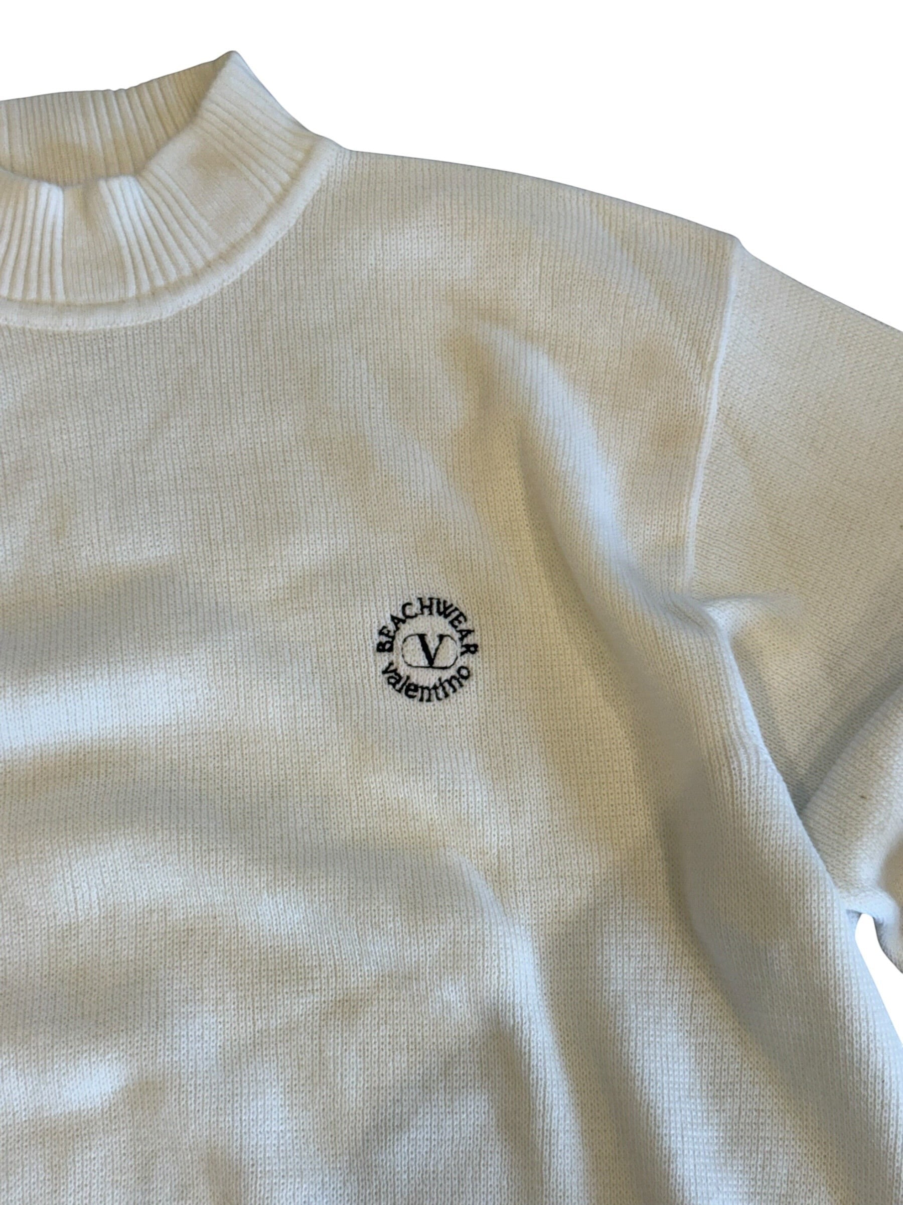 Archive No. 9 Valentino white Knit Jumper, size L, with embroidered logo on chest. Mock neck, long sleeves.