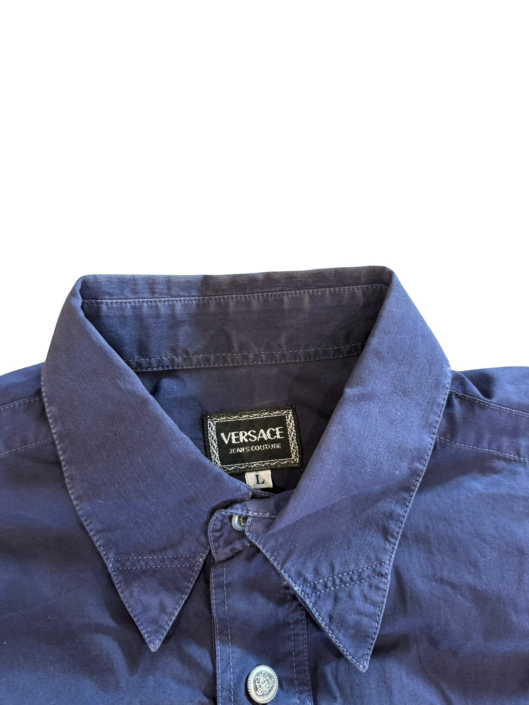 Archive No. 9 vintage Versace Jeans Couture purple button-up shirt, size Large. Features a classic collar and button front.