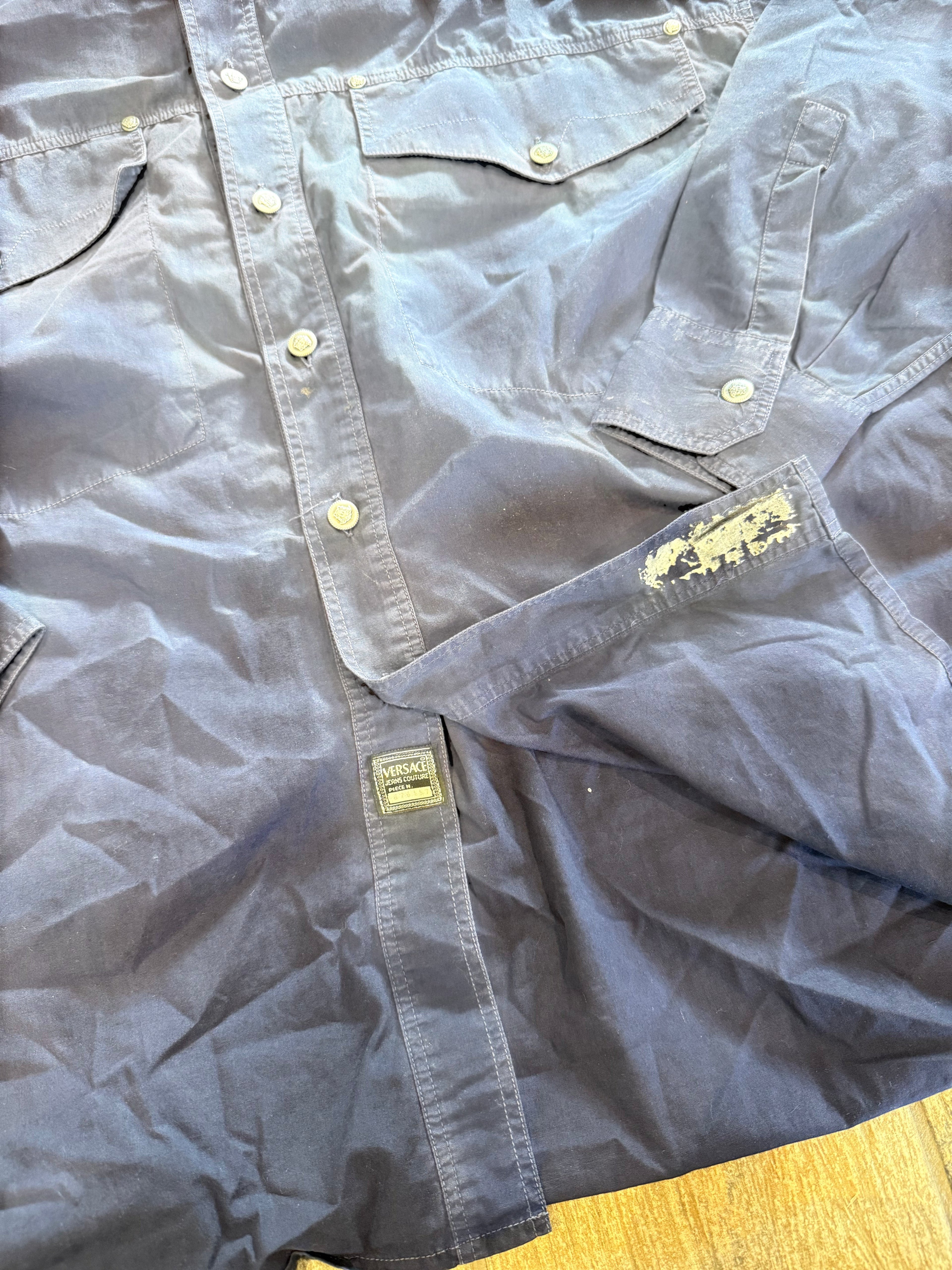 Archive No. 9 vintage Versace purple long-sleeve shirt with button-down pockets and a structured silhouette, size Large.