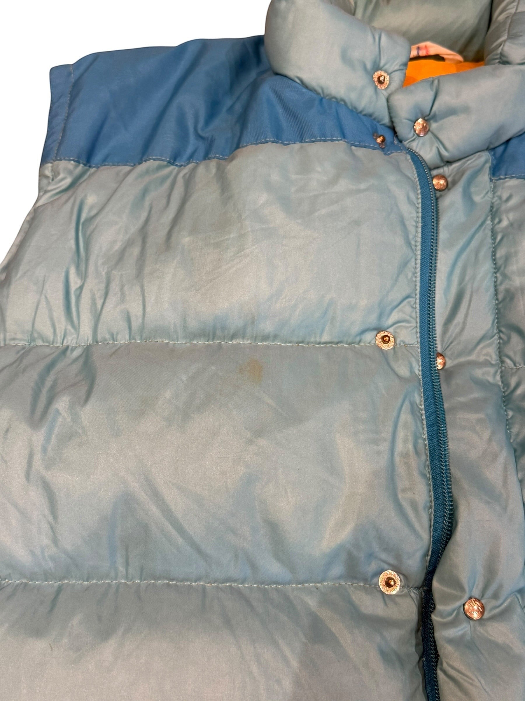 Archive No. 9 vintage 1990s Moncler blue down puffer jacket with detachable sleeves, size Medium.