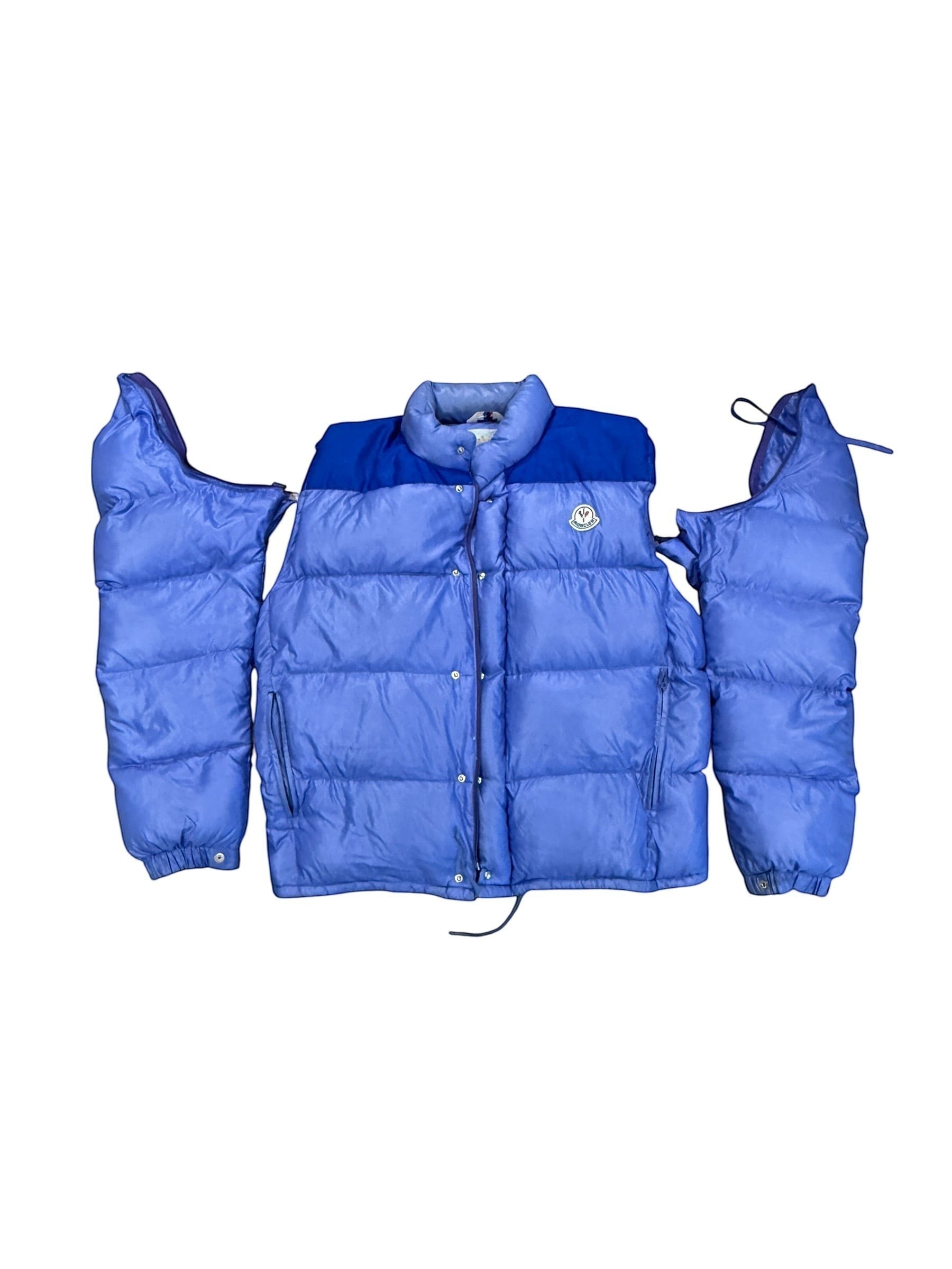 Archive No. 9 vintage blue down-filled Moncler puffer jacket with detachable sleeves, size Large.