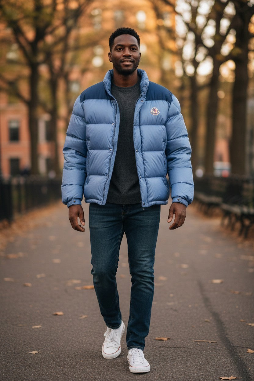 Archive No. 9 vintage blue down-filled Moncler puffer jacket with contrasting blue shoulders and Moncler logo patch.