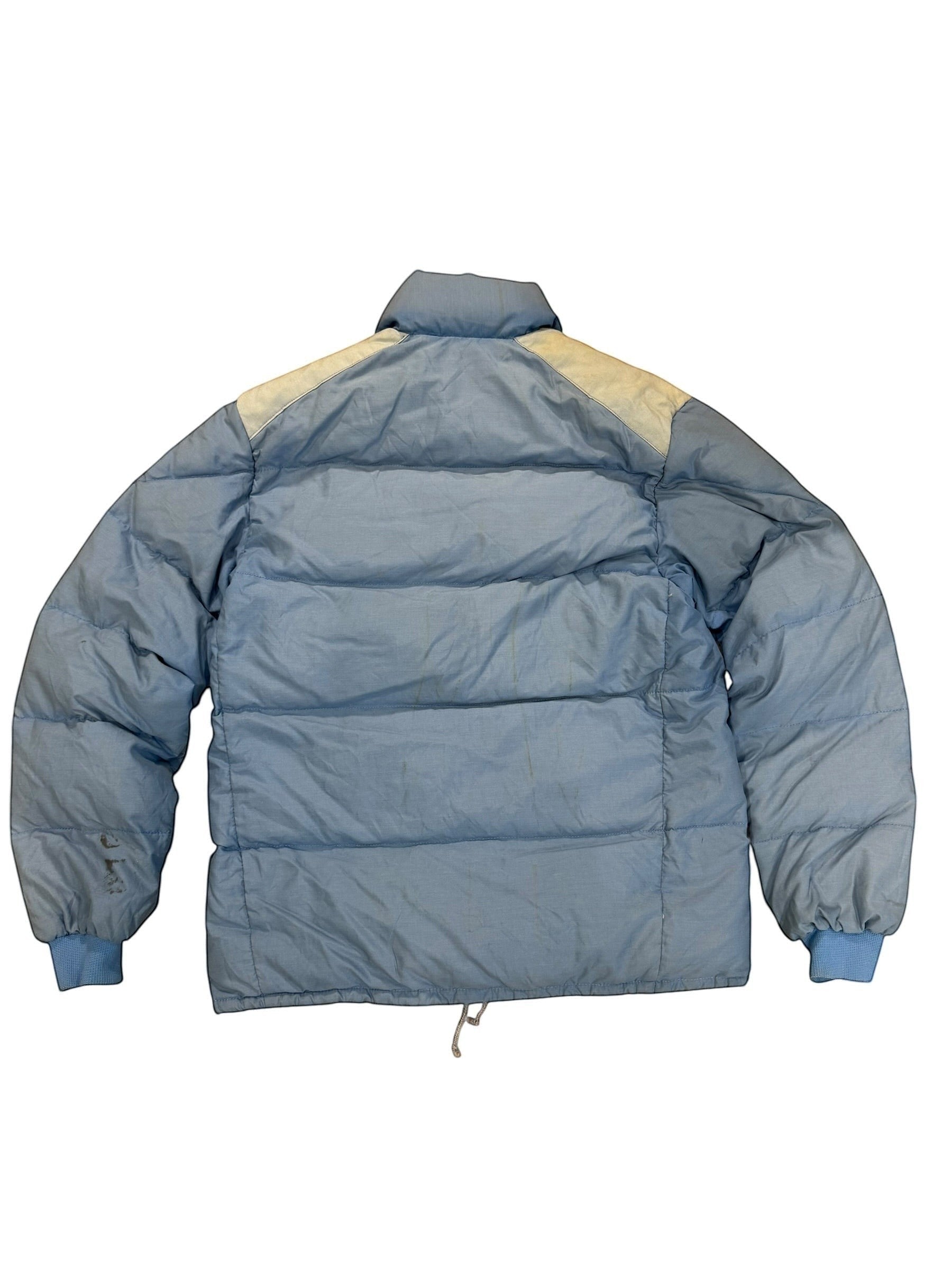 Archive No. 9 1990s Moncler light blue down puffer jacket, size Large. Features contrasting cream shoulder panels and elasticated cuffs.