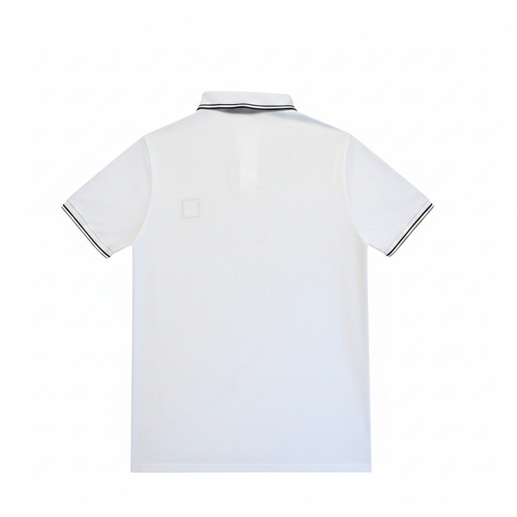 Archive No. 9 white cotton slim fit polo shirt with black trim on collar and sleeves, size L.