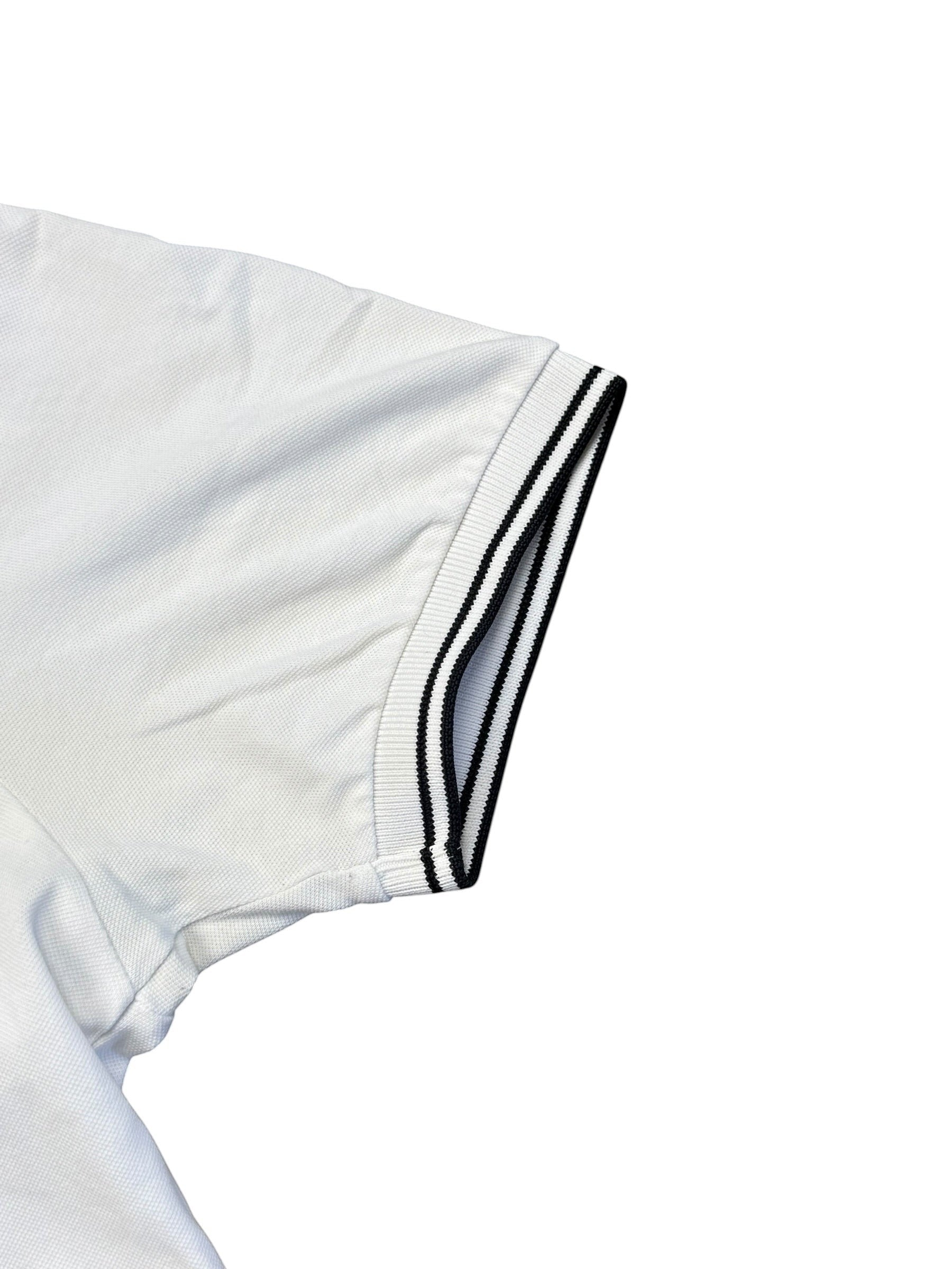 Archive No.9 white cotton slim fit polo shirt with black striped cuffs and Stone Island logo on chest.