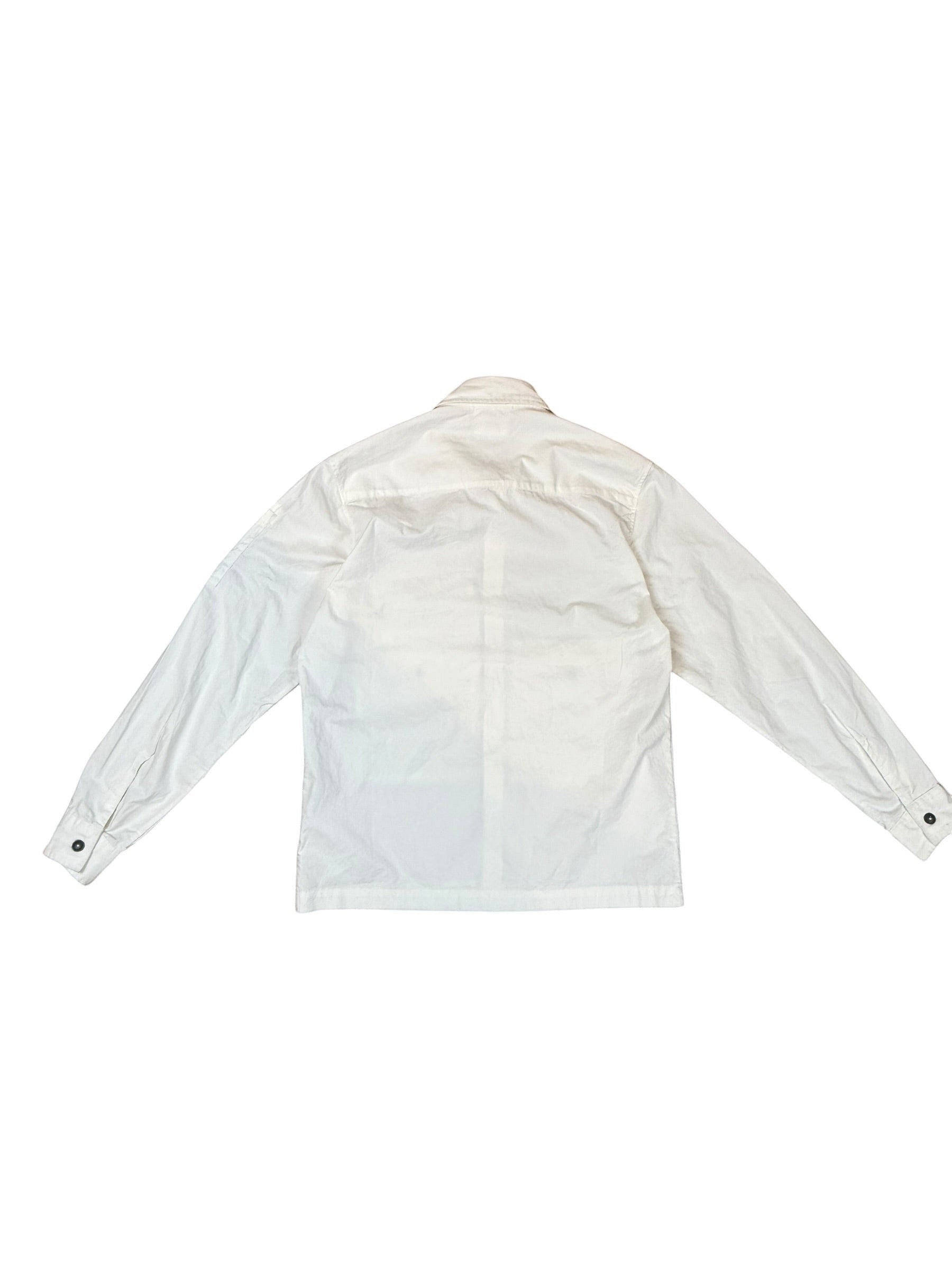 Archive No. 9 white C.P. Company lightweight button-up overshirt with iconic lens detail on arm (lens not included). Size S.