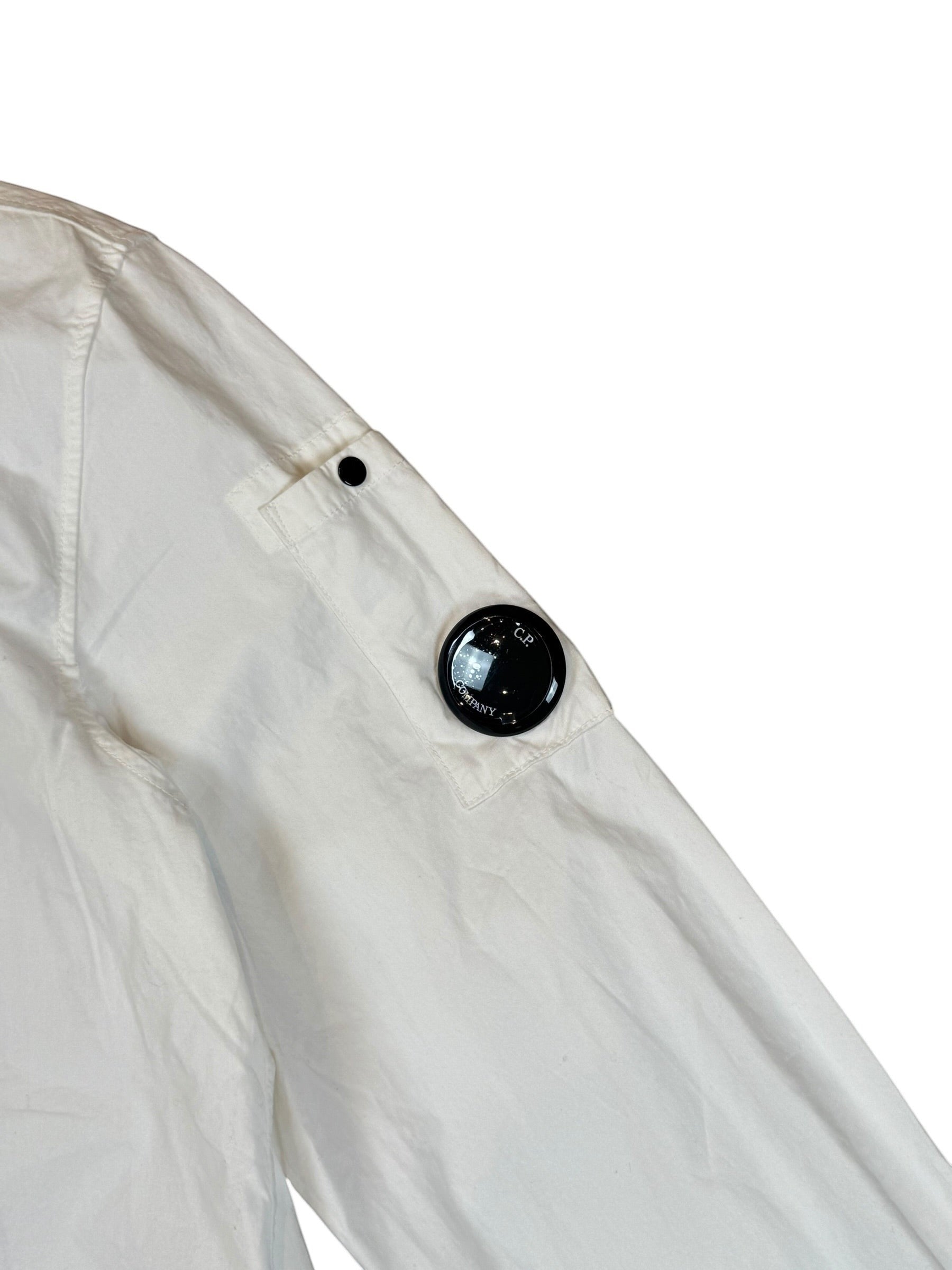 Archive No. 9 white C.P. Company lightweight zip-up overshirt with signature lens detail on sleeve, size L.