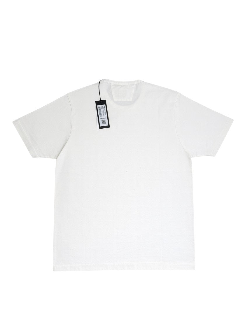 Archive No. 9 white mercerized cotton t-shirt with C.P. Company spell out branding on the front, size XL.