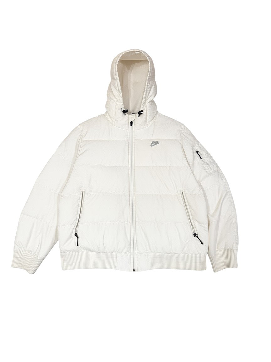 Archive No. 9 white Nike down puffer jacket with hood, size XL, wind resistant and down filled for warmth.