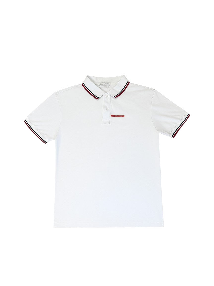 Archive No. 9 white 100% cotton Prada Sport polo shirt with red and navy striped collar and cuffs, and chest badge.