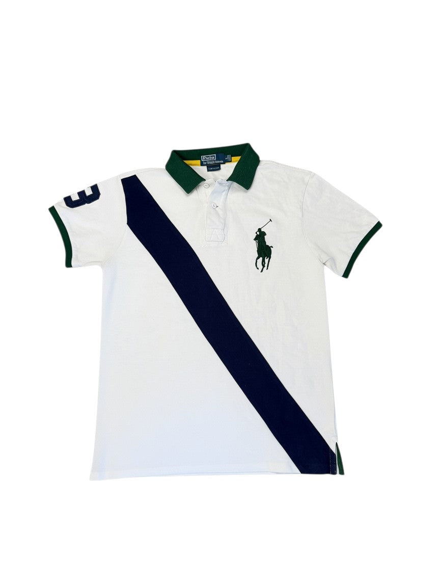 Archive No. 9 white 100% cotton Ralph Lauren polo shirt with green collar, navy stripe, and iconic embroidered logo. Size L.