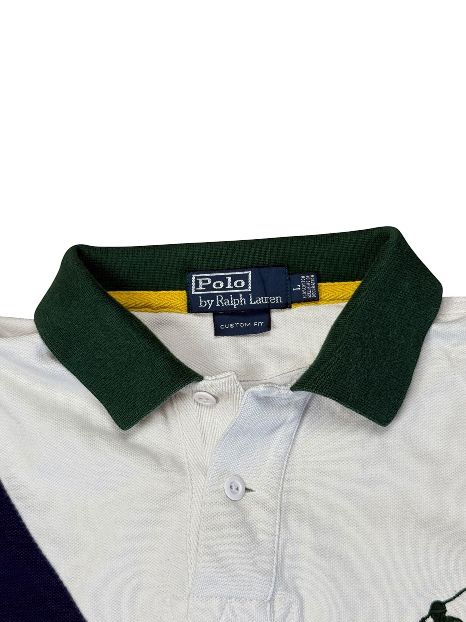 Archive No. 9 vintage white 100% cotton Ralph Lauren polo shirt with green collar and navy detail.