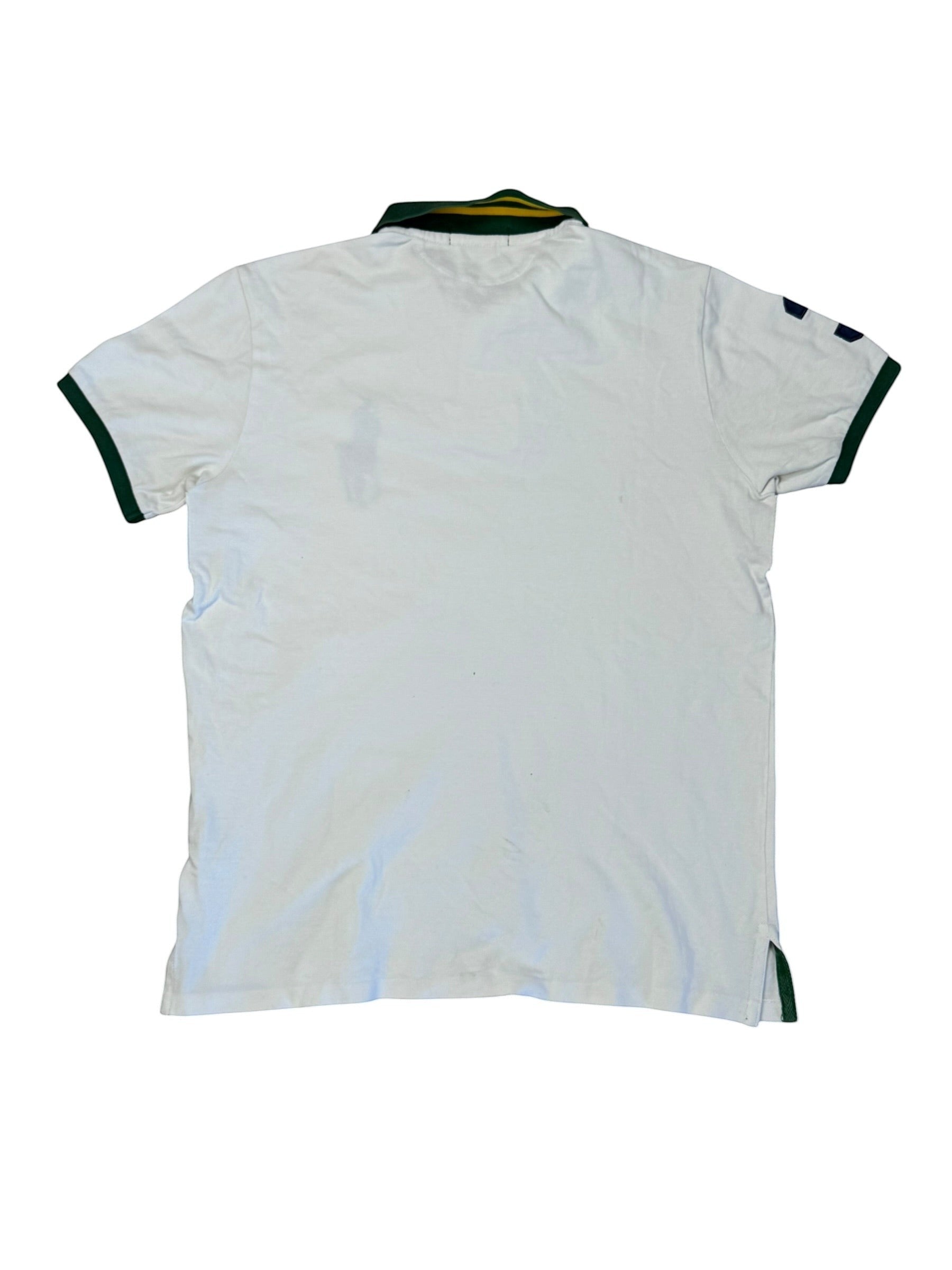 Archive No. 9 white 100% cotton vintage Ralph Lauren polo shirt, size L, with green and yellow collar trim and green sleeve cuffs.
