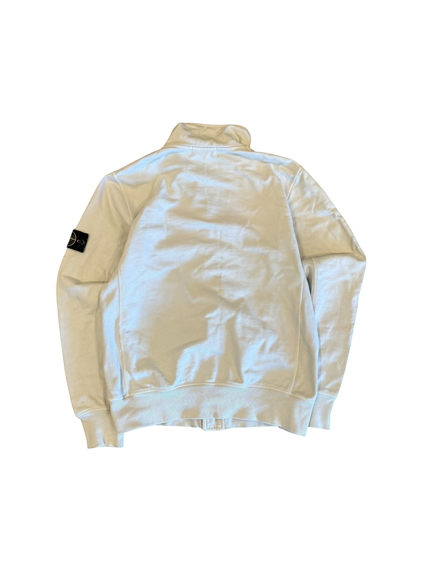Archive No. 9 white Stone Island cotton jacket with button-up design and signature logo patch on the sleeve, size L.