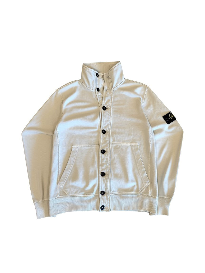 Archive No. 9 white Stone Island cotton jacket with button-up front and signature badge on sleeve, size L.