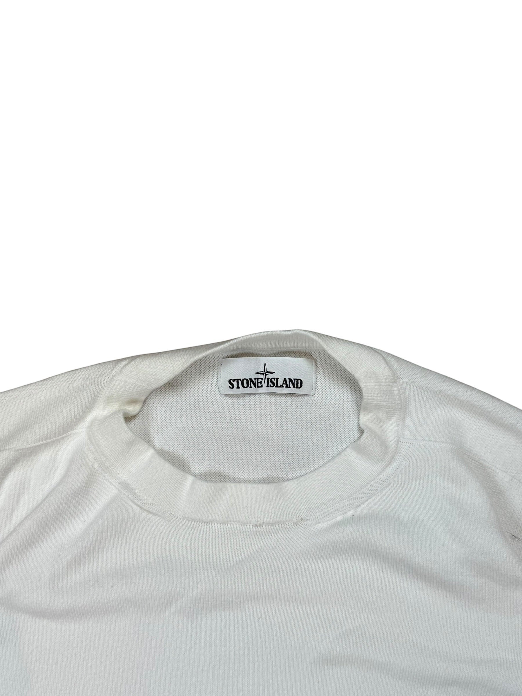 Archive No. 9 white 100% cotton Stone Island crew neck jumper with compass badge on arm, size XL.