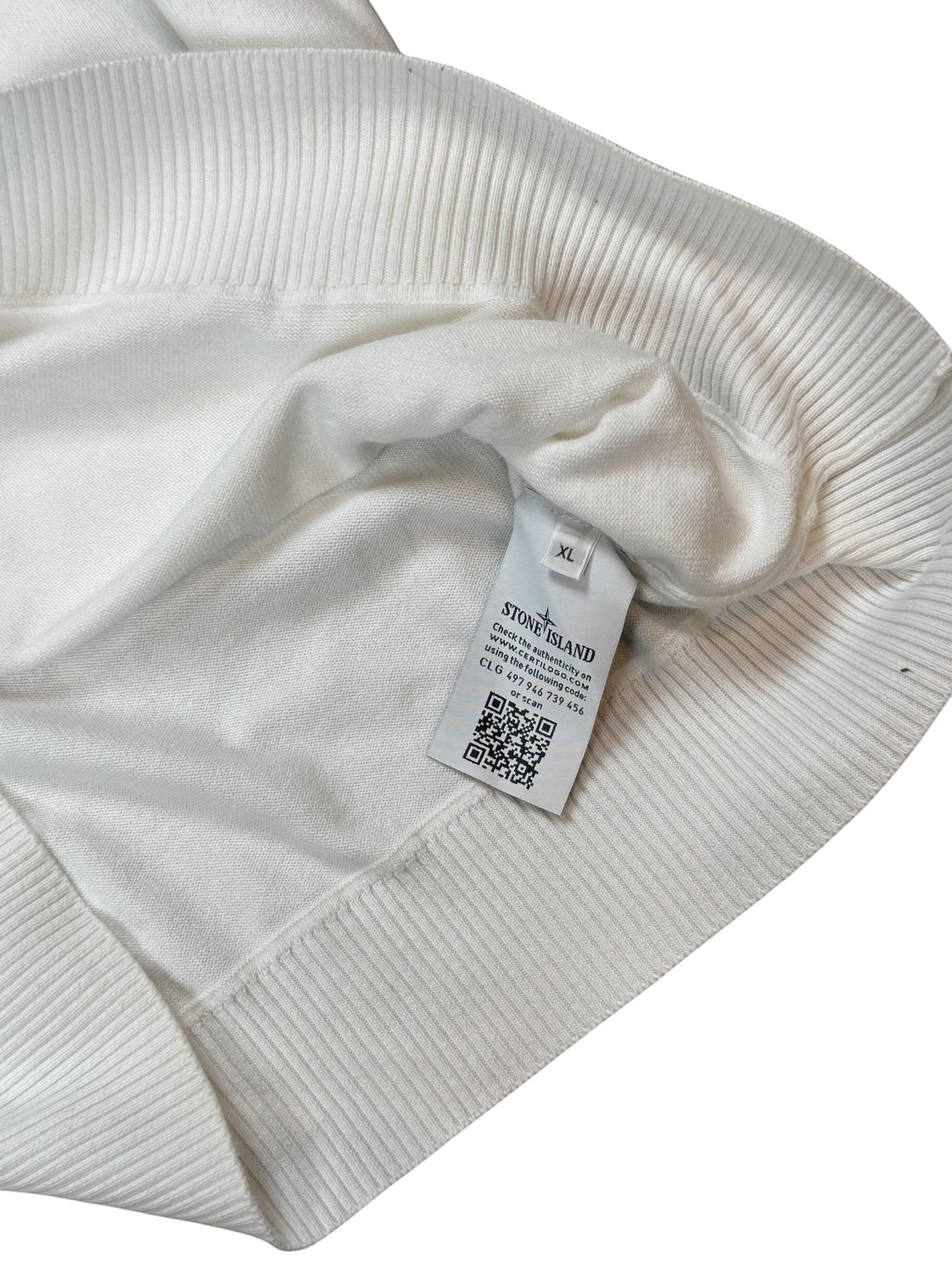 Archive No. 9 white 100% cotton Stone Island crew neck jumper, size XL, with ribbed cuffs and hem.